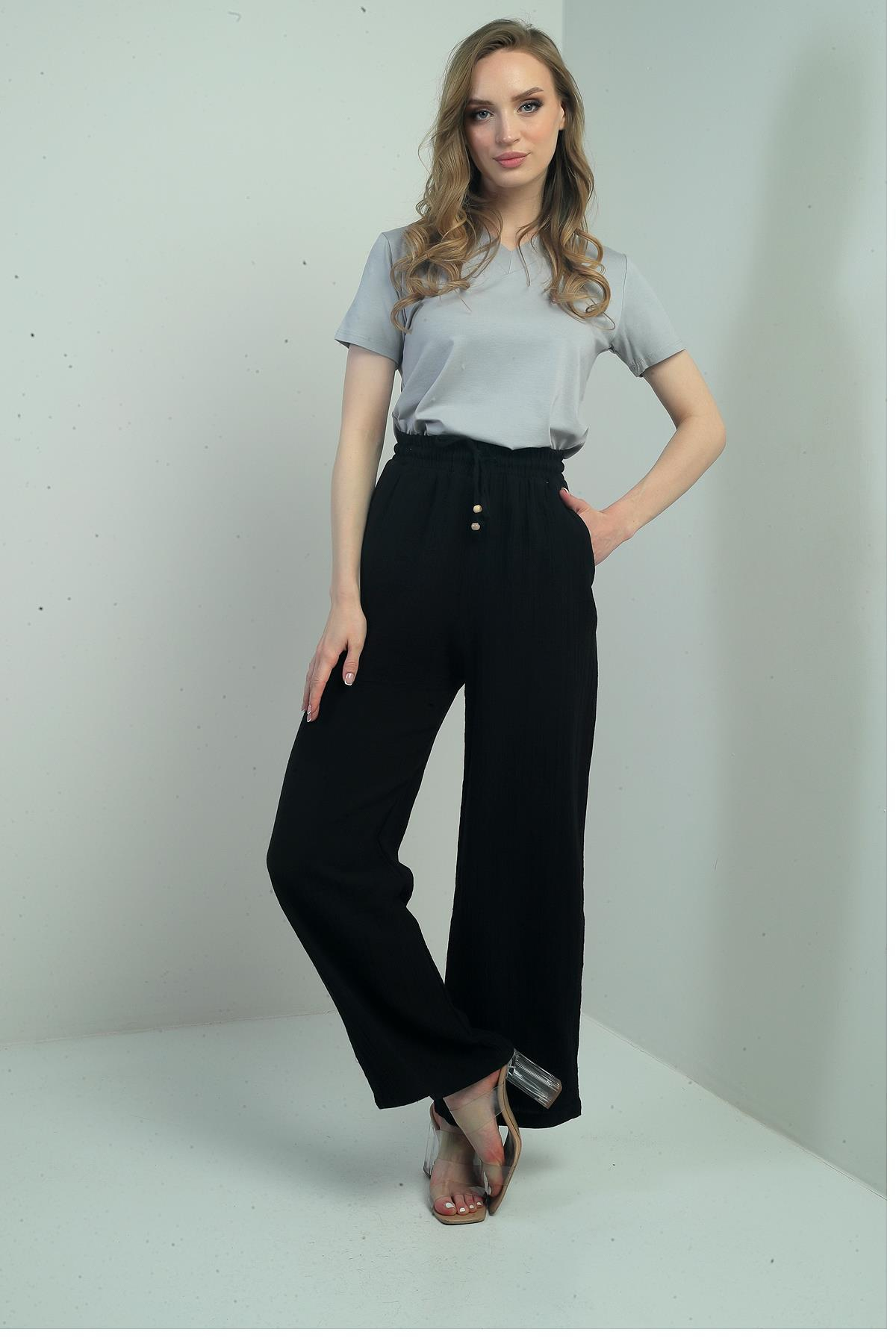 S-25Y2220003Kadın Müslin Palazzo Beli Lastikli Cepli Pantolon