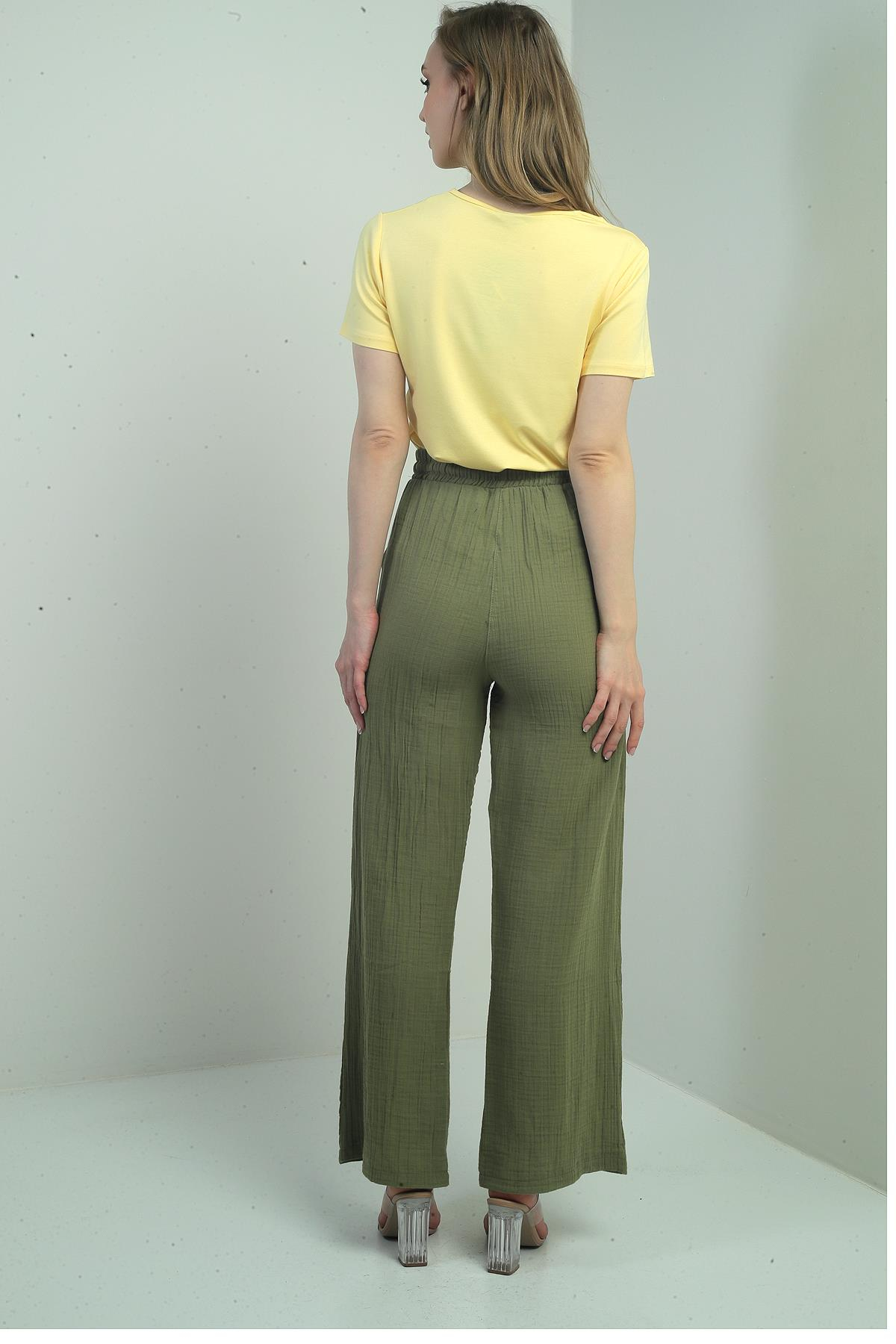 S-25Y2220003Kadın Müslin Palazzo Beli Lastikli Cepli Pantolon