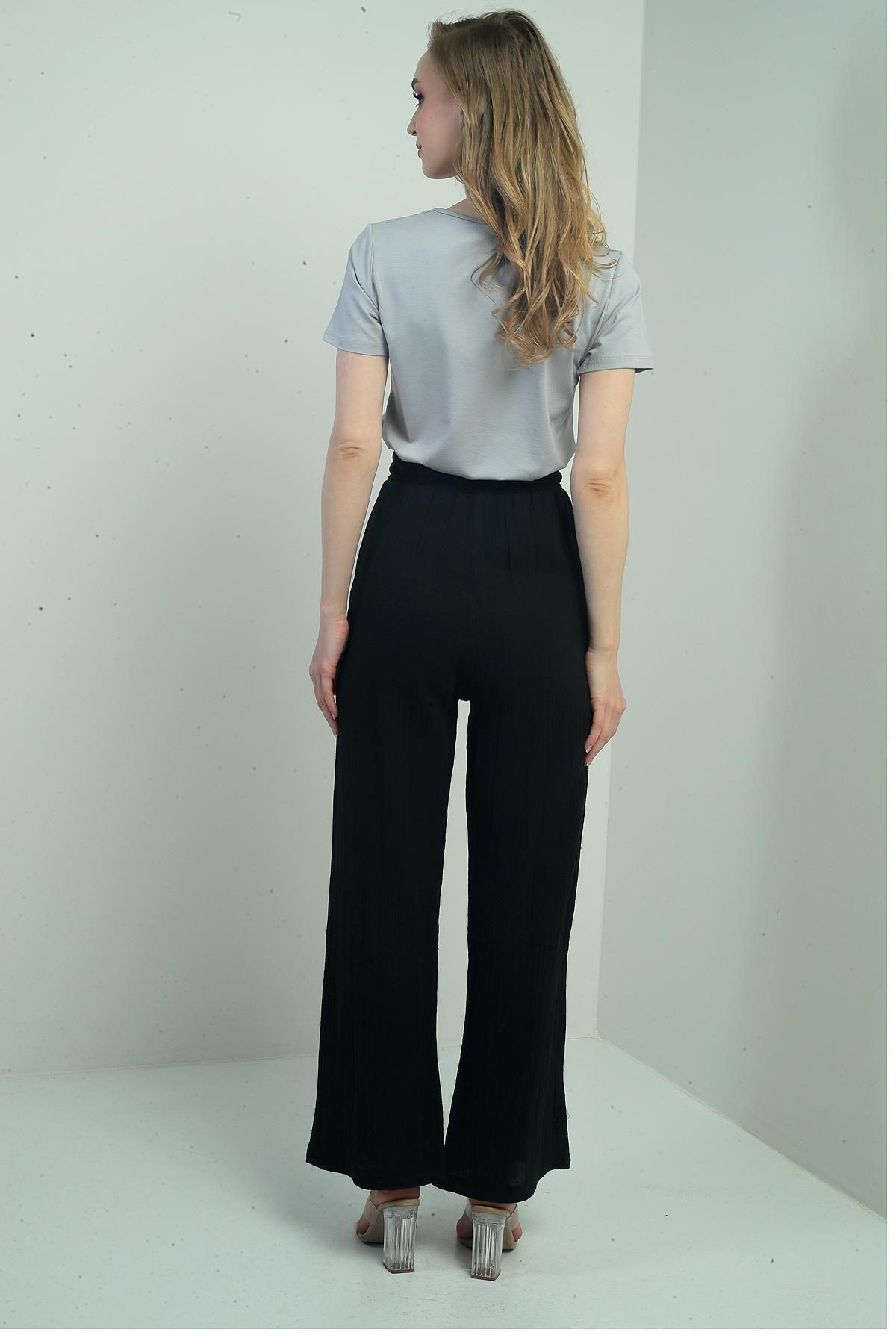 S-25Y2220003Kadın Müslin Palazzo Beli Lastikli Cepli Pantolon