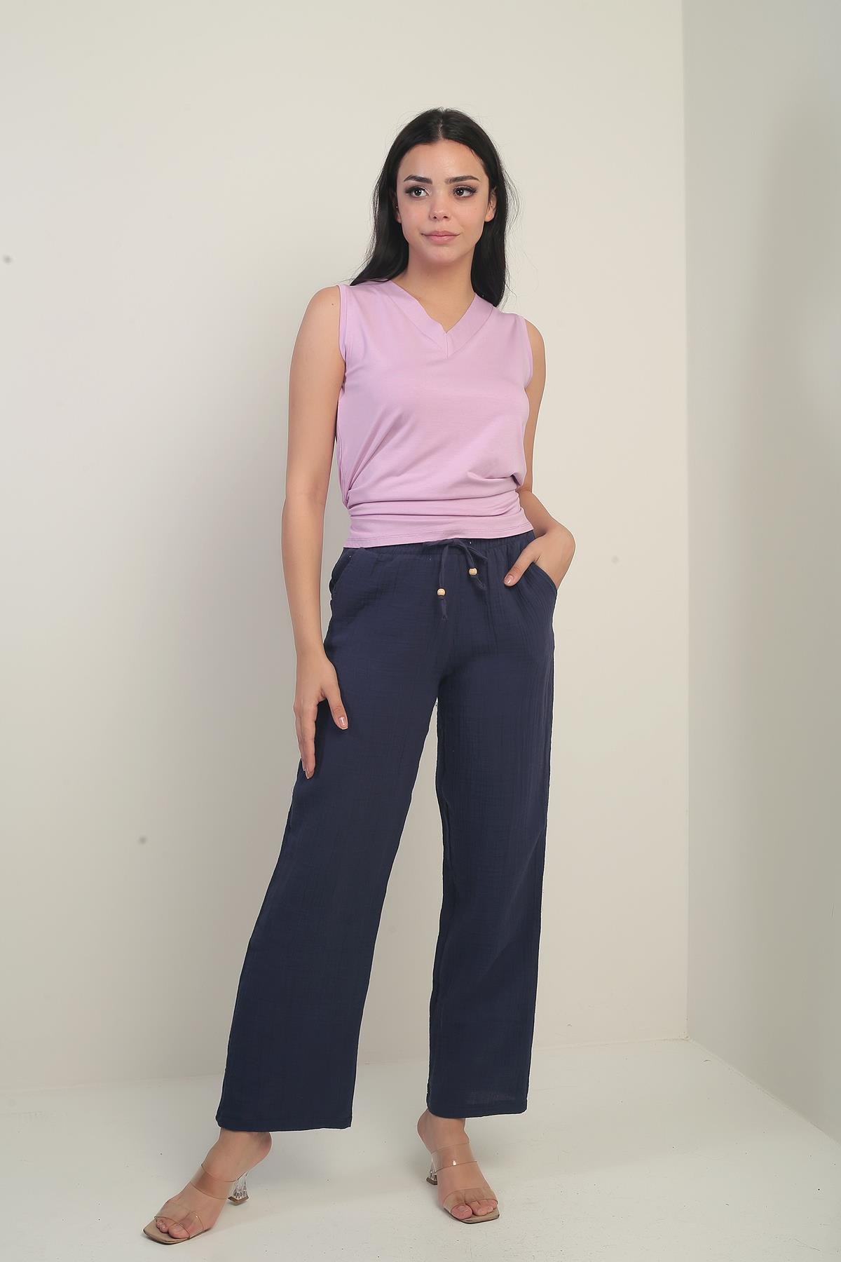 S-25Y2220003Kadın Müslin Palazzo Beli Lastikli Cepli Pantolon