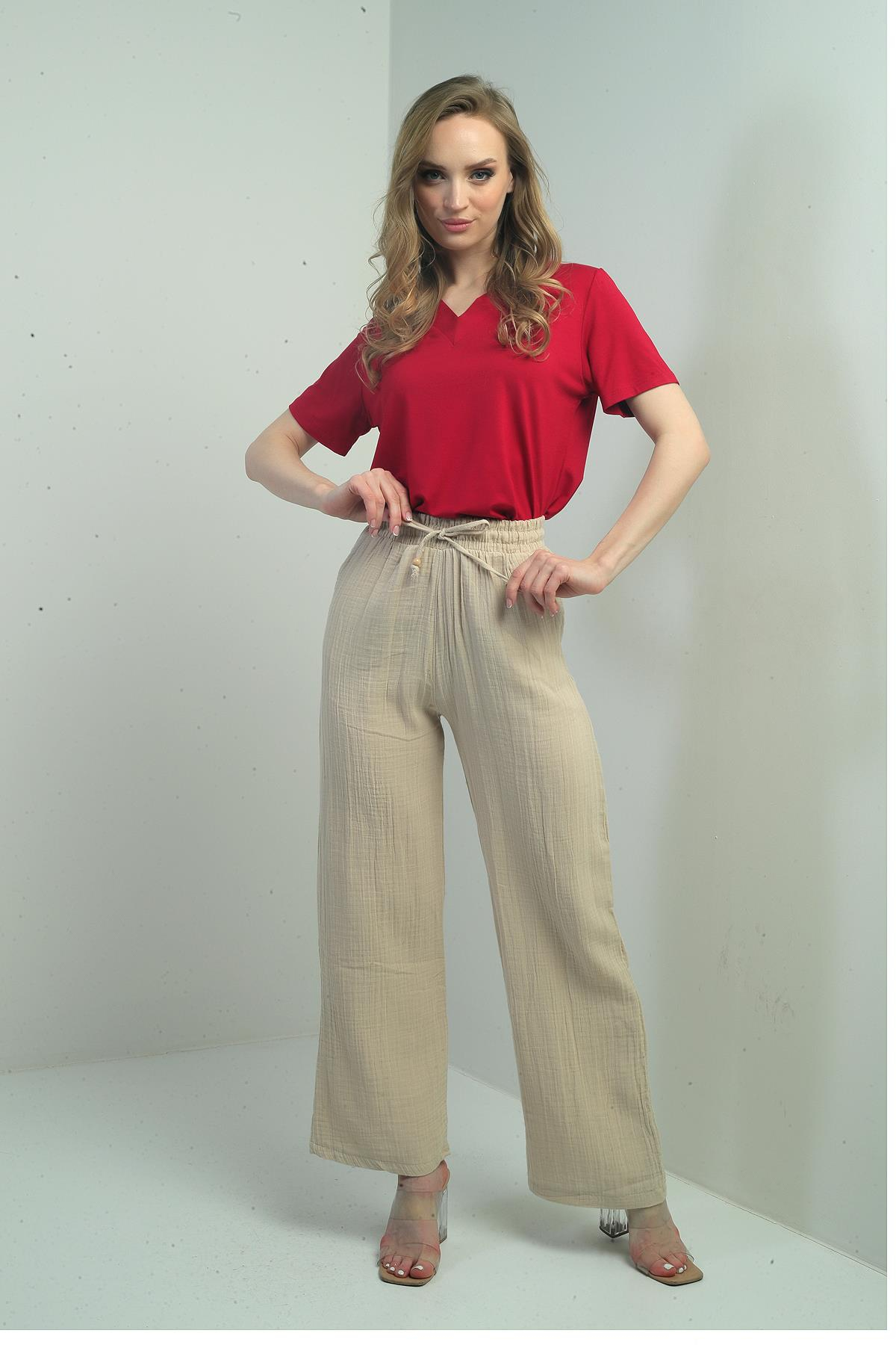 S-25Y2220003Kadın Müslin Palazzo Beli Lastikli Cepli Pantolon
