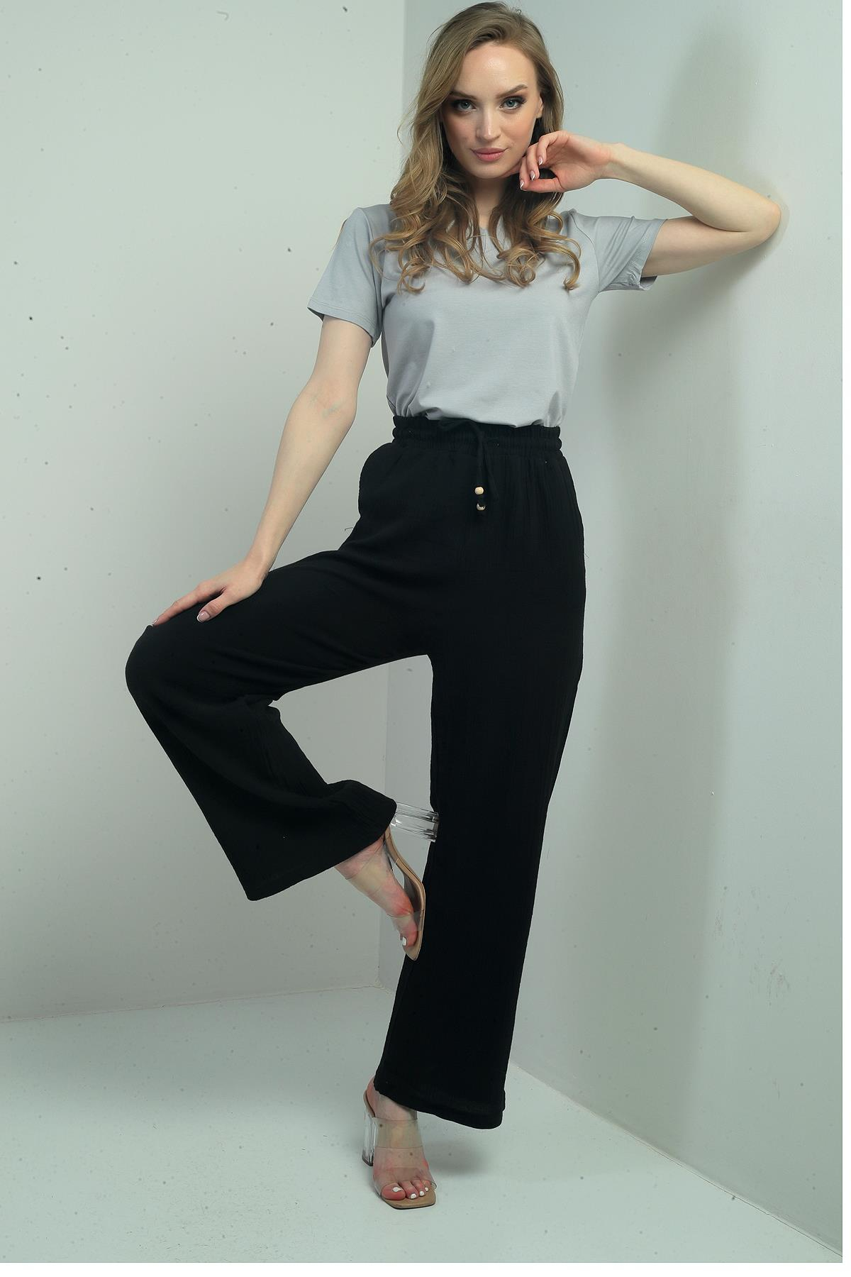 S-25Y2220003Kadın Müslin Palazzo Beli Lastikli Cepli Pantolon