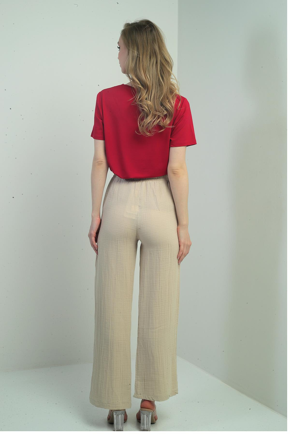 S-25Y2220003Kadın Müslin Palazzo Beli Lastikli Cepli Pantolon