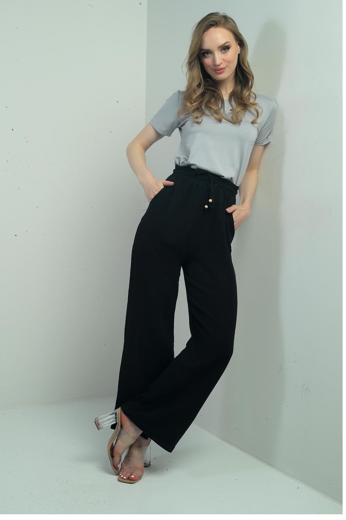 S-25Y2220003Kadın Müslin Palazzo Beli Lastikli Cepli Pantolon