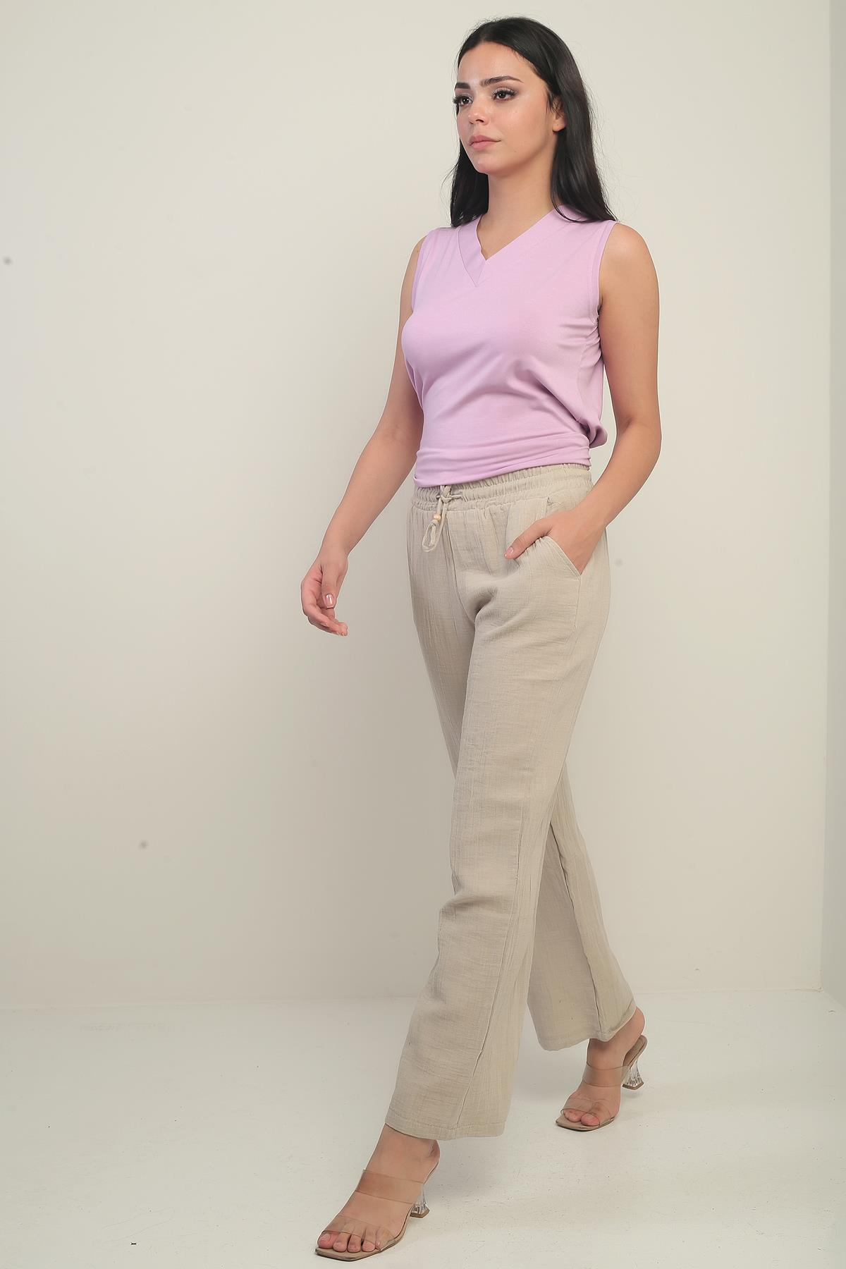 S-25Y2220003Kadın Müslin Palazzo Beli Lastikli Cepli Pantolon