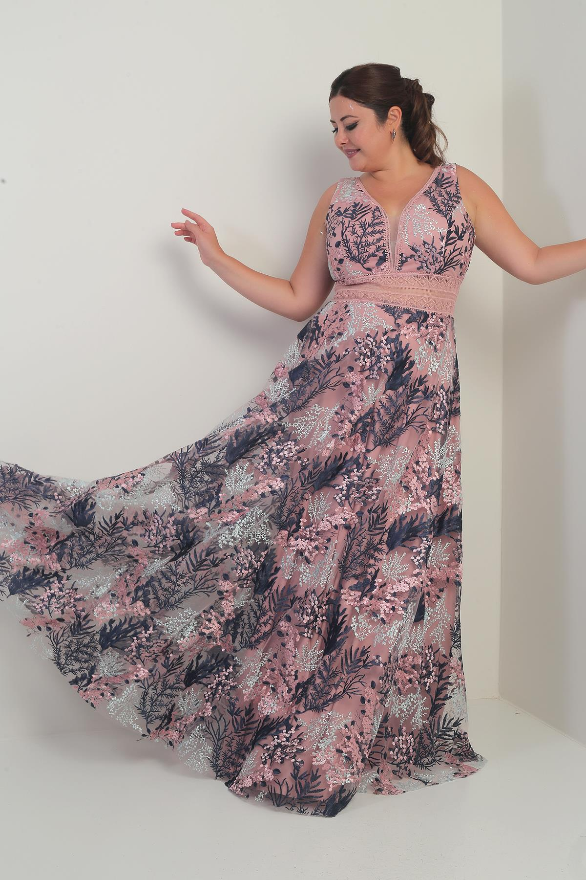 S-25Y2510006Kadın V Yaka Kalın Askılı Beli Dekolteli Nakışlı Uzun Kloş B.B. Elbise