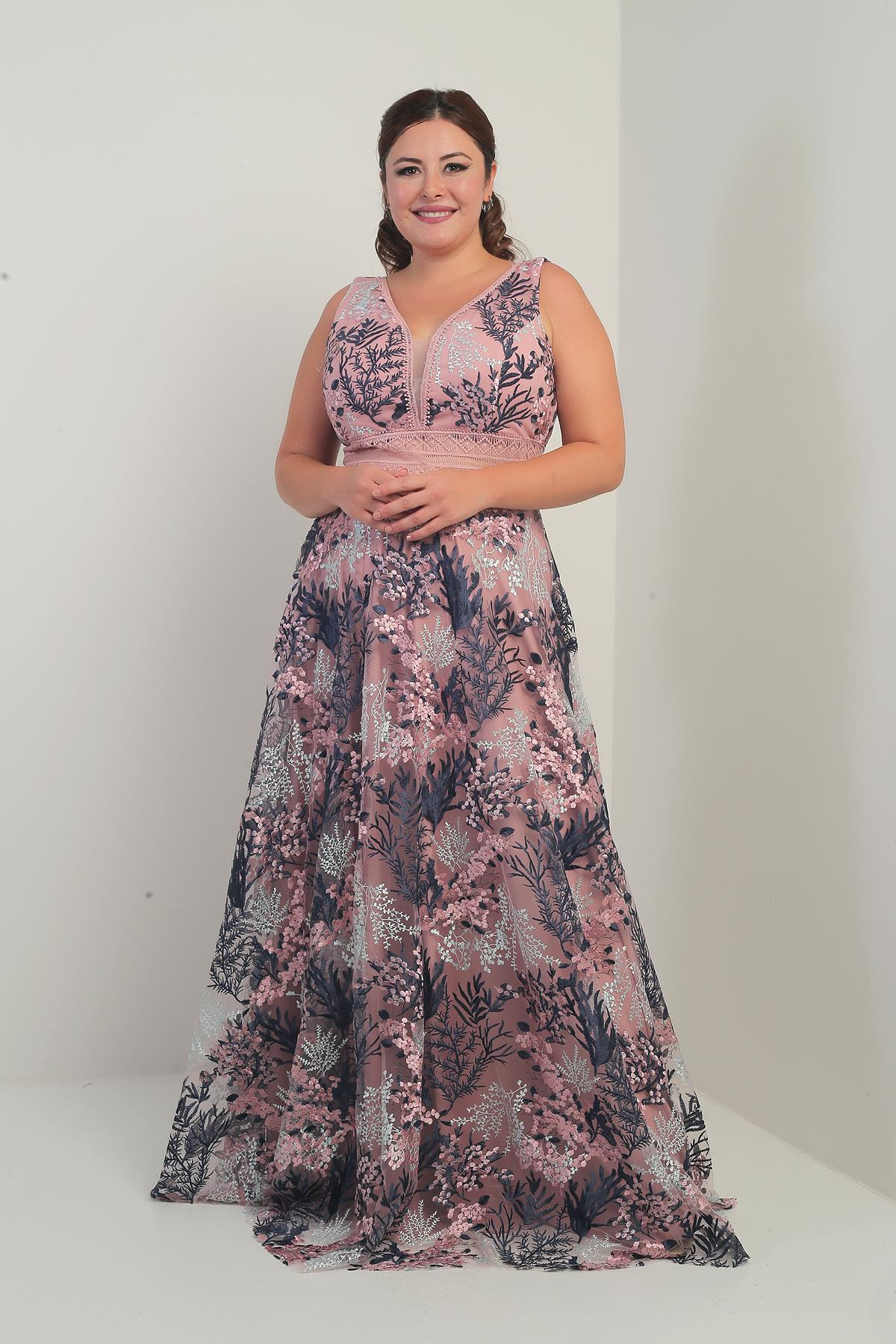 S-25Y2510006Kadın V Yaka Kalın Askılı Beli Dekolteli Nakışlı Uzun Kloş B.B. Elbise