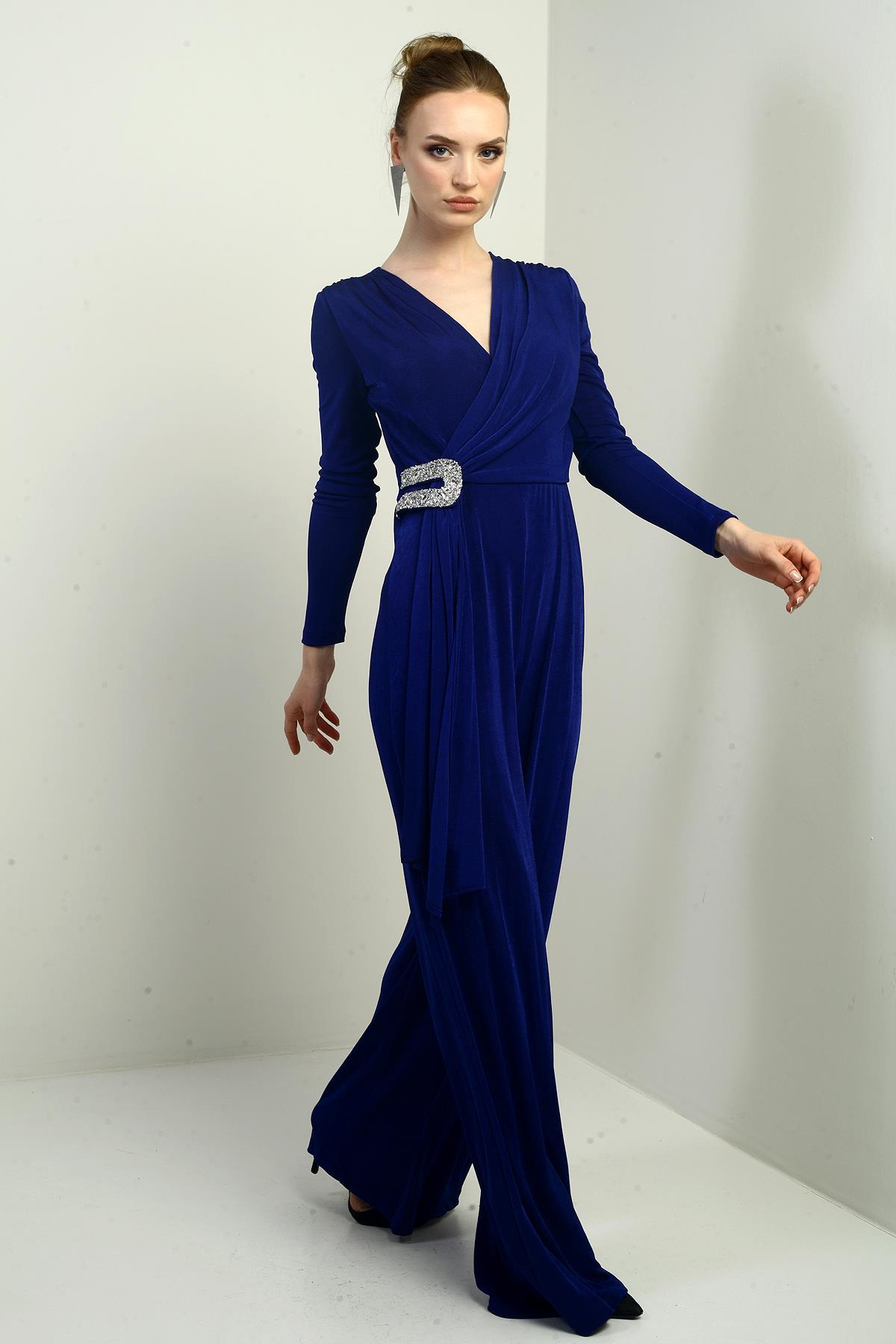 S-25Y2580006Kadın Kruvaze Yaka Bel Taş Detaylı Uzun Kollu Bol Paça Likralı Tulum