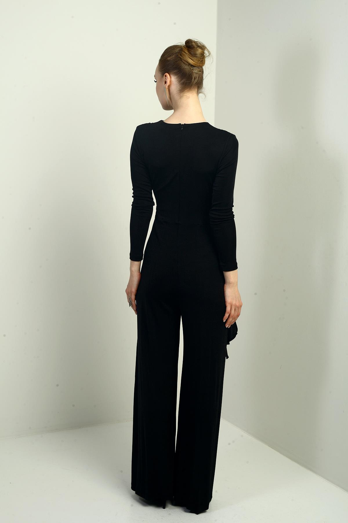 S-25Y2580006Kadın Kruvaze Yaka Bel Taş Detaylı Uzun Kollu Bol Paça Likralı Tulum