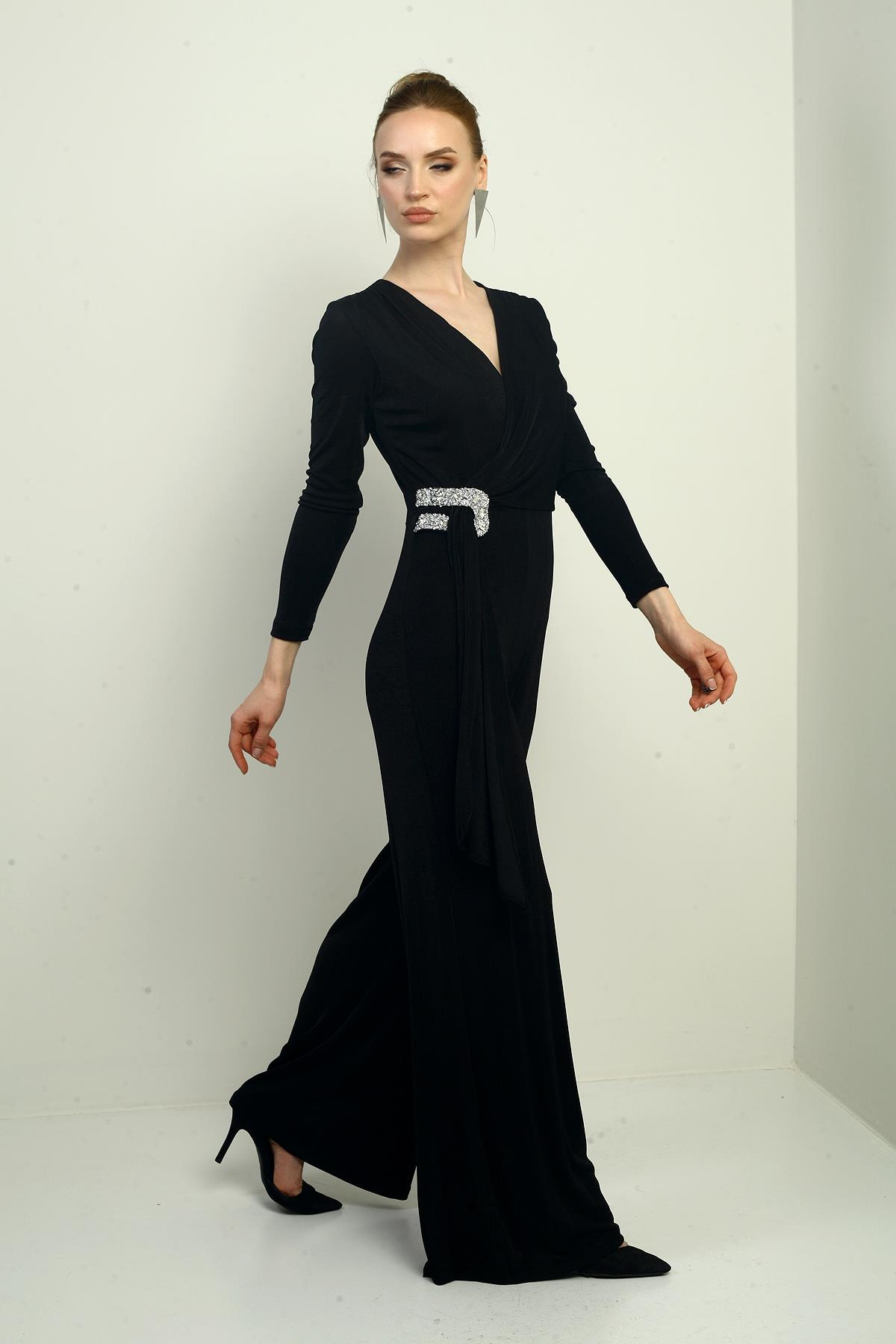 S-25Y2580006Kadın Kruvaze Yaka Bel Taş Detaylı Uzun Kollu Bol Paça Likralı Tulum