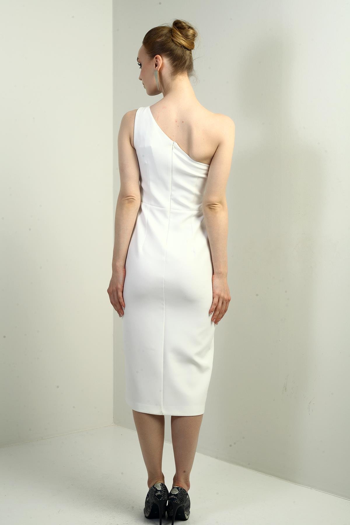 S-25Y2580011Kadın Tek Omuzlu Çiçek Detaylı Yaka Önü Yırtmaçlı Krep Midi Elbise