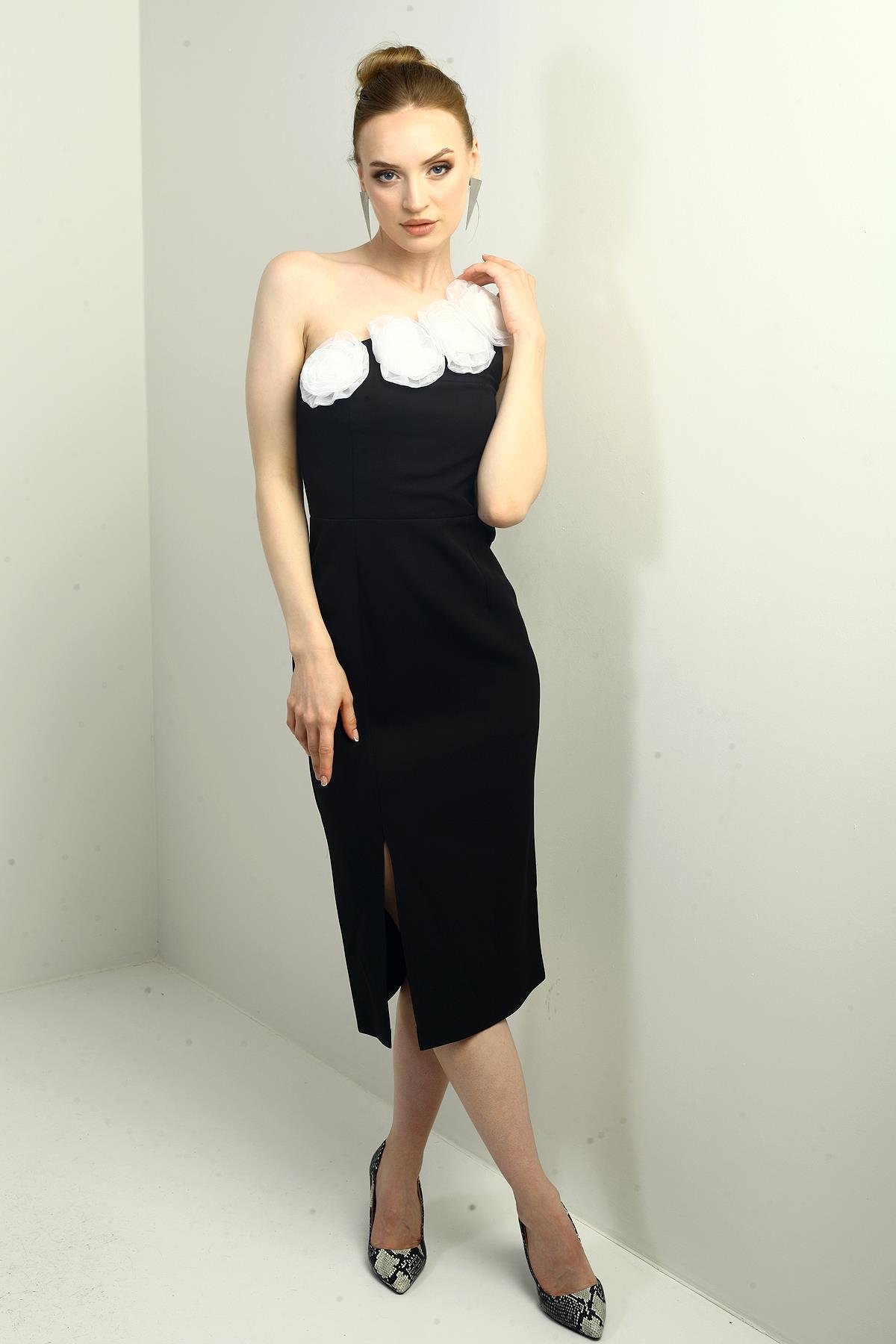 S-25Y2580011Kadın Tek Omuzlu Çiçek Detaylı Yaka Önü Yırtmaçlı Krep Midi Elbise