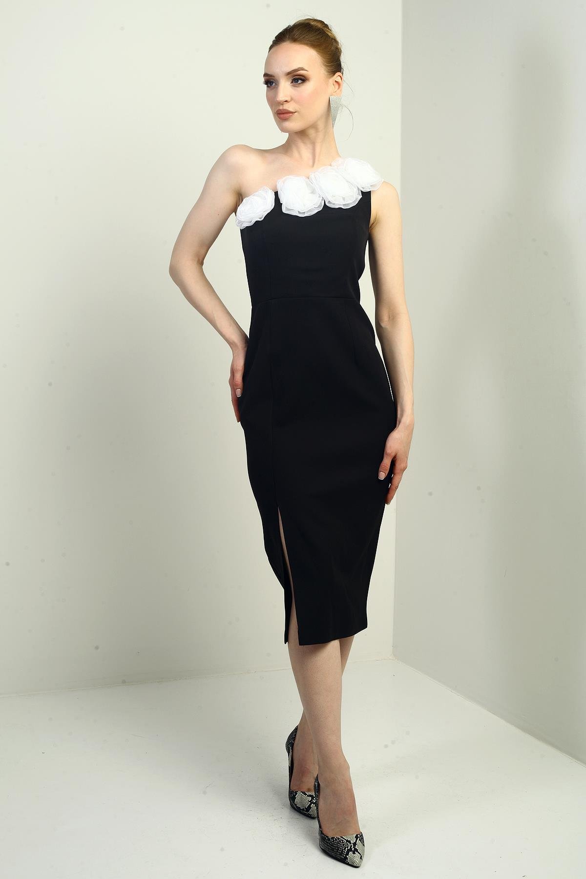 S-25Y2580011Kadın Tek Omuzlu Çiçek Detaylı Yaka Önü Yırtmaçlı Krep Midi Elbise