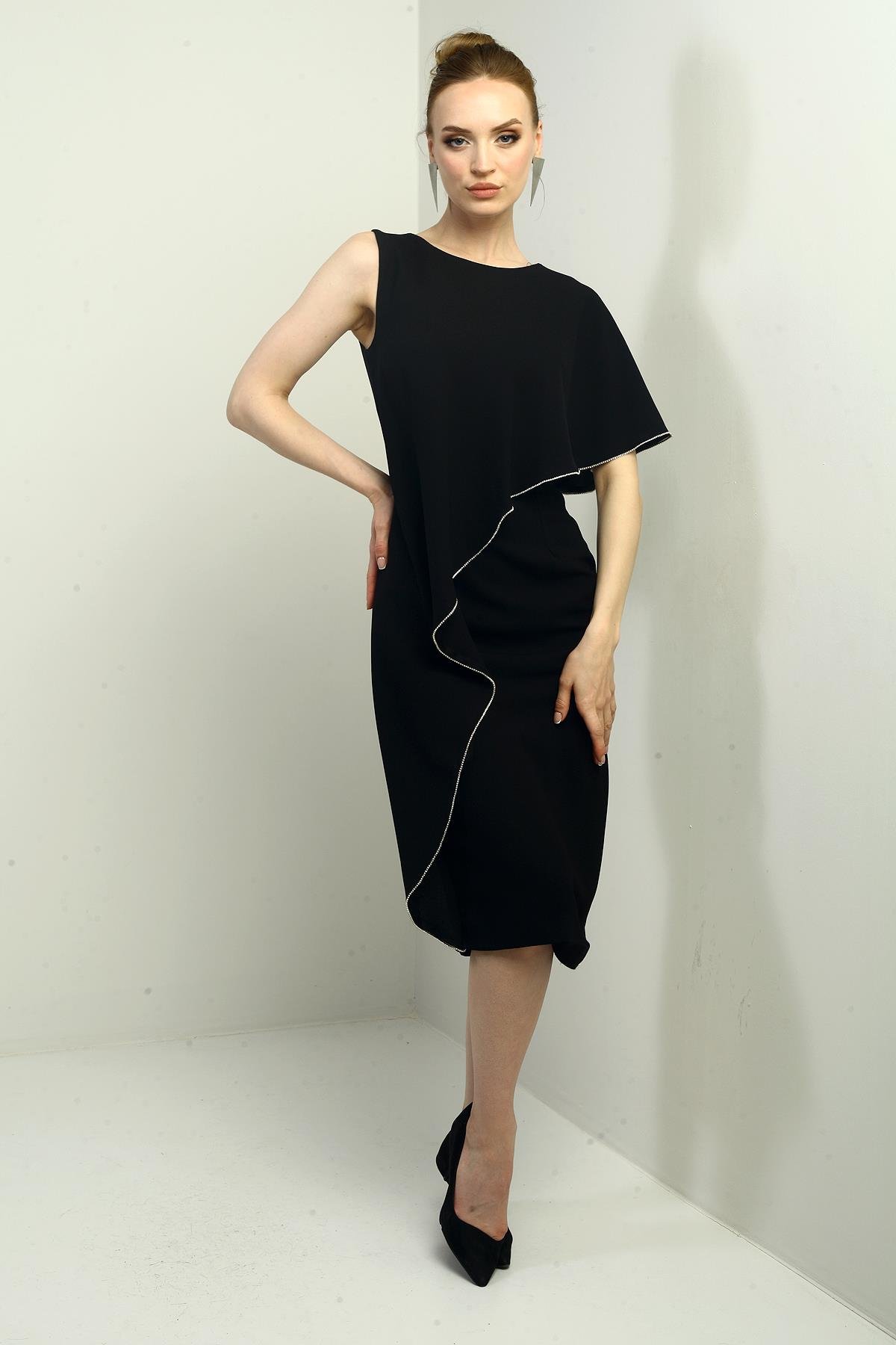 S-25Y2580013Kadın Tek Volan Kollu Taş Detaylı Astarlı Midi Krep Elbise