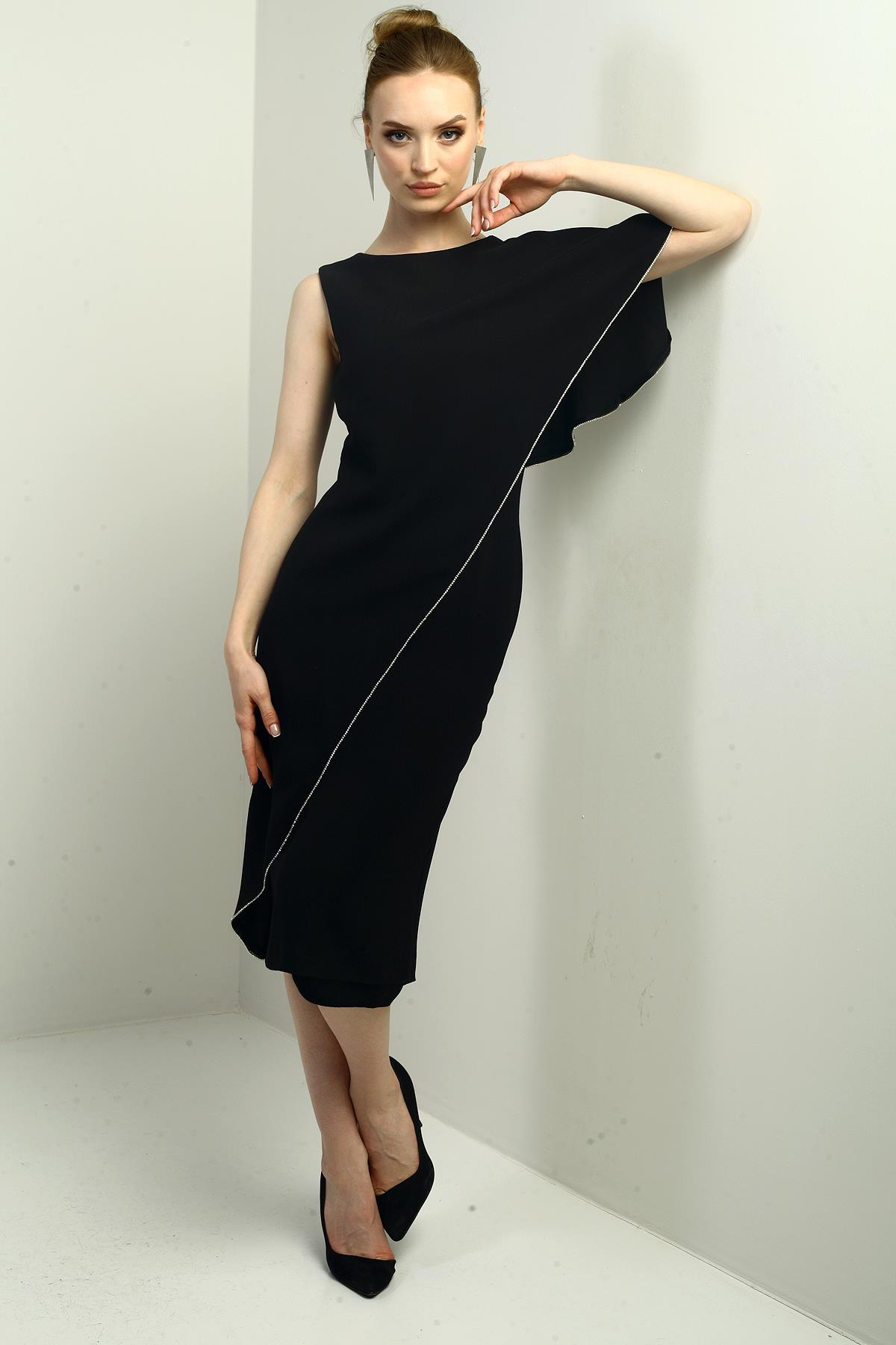 S-25Y2580013Kadın Tek Volan Kollu Taş Detaylı Astarlı Midi Krep Elbise