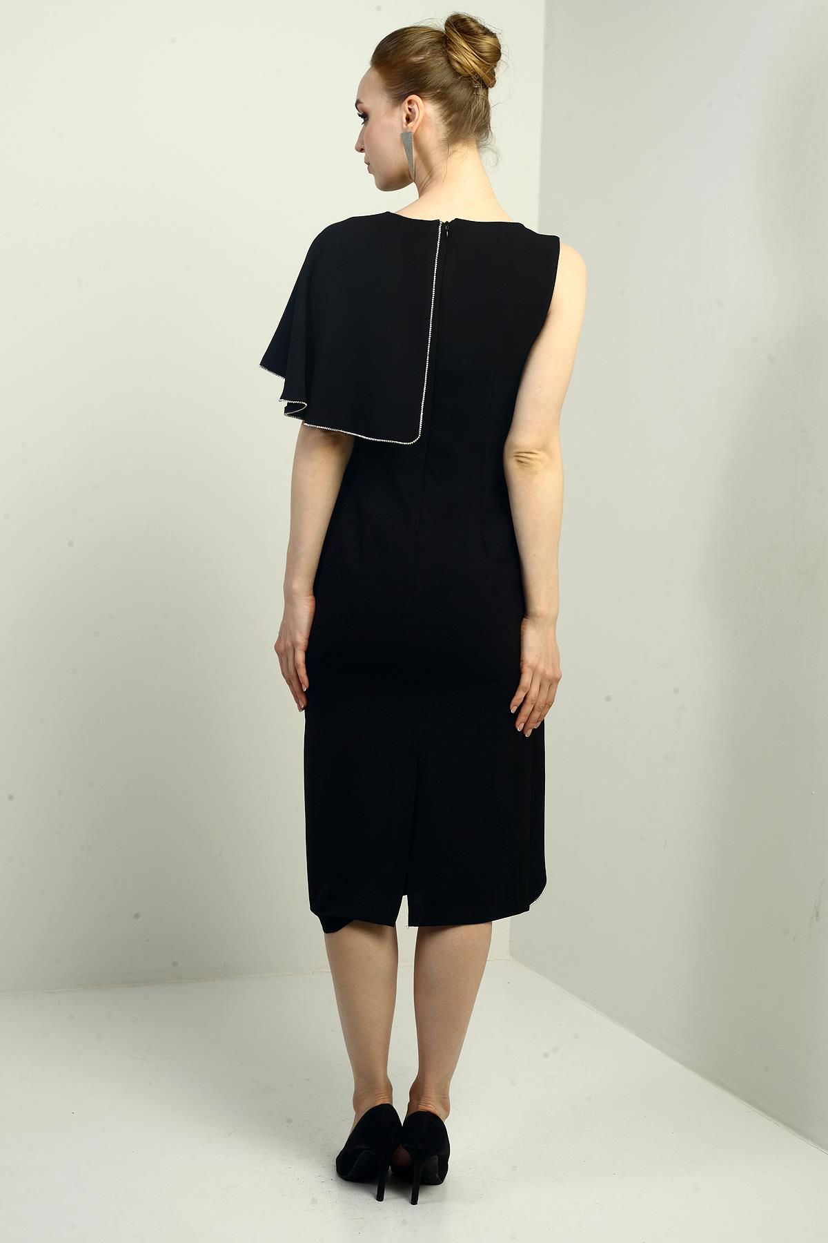 S-25Y2580013Kadın Tek Volan Kollu Taş Detaylı Astarlı Midi Krep Elbise