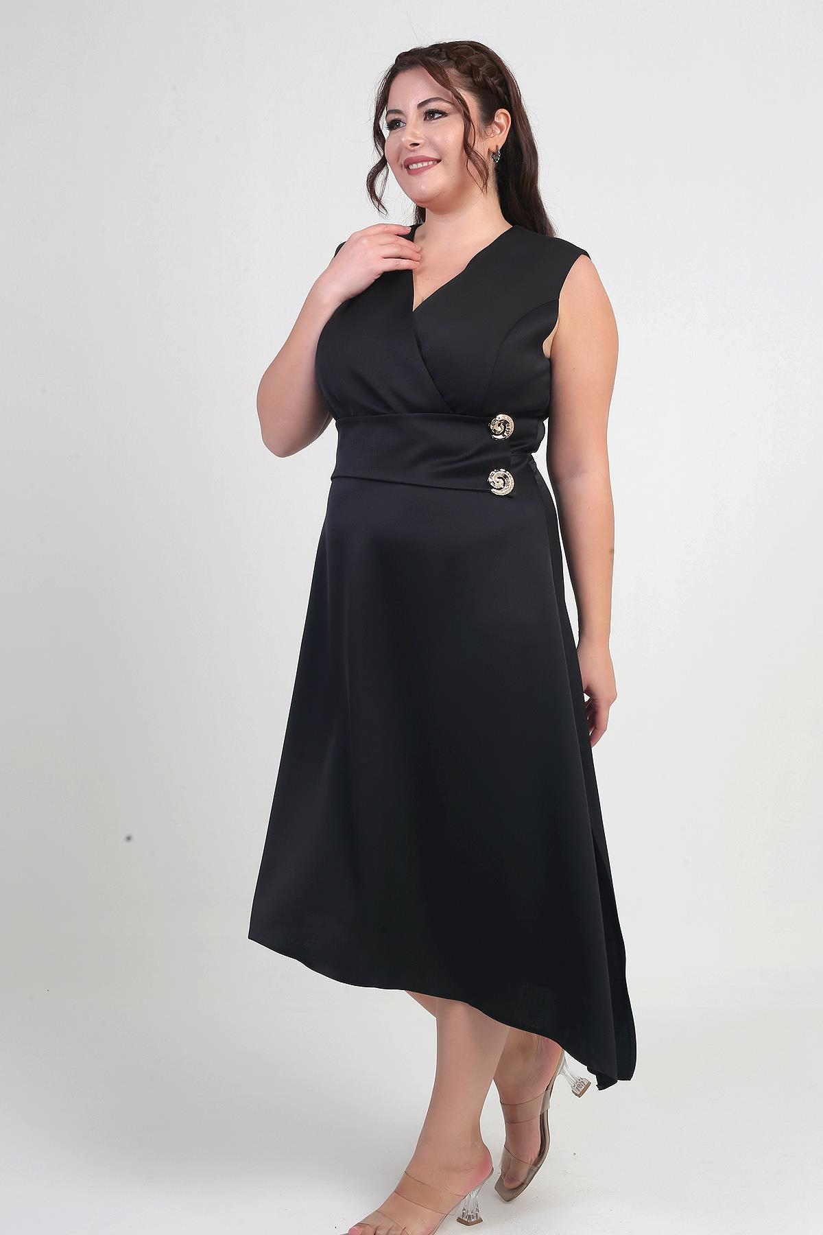 S-25Y2580028Kadın Kruvaze Yaka Düğme Detaylı Asimetrik Büyük Beden Krep Saten Elbise