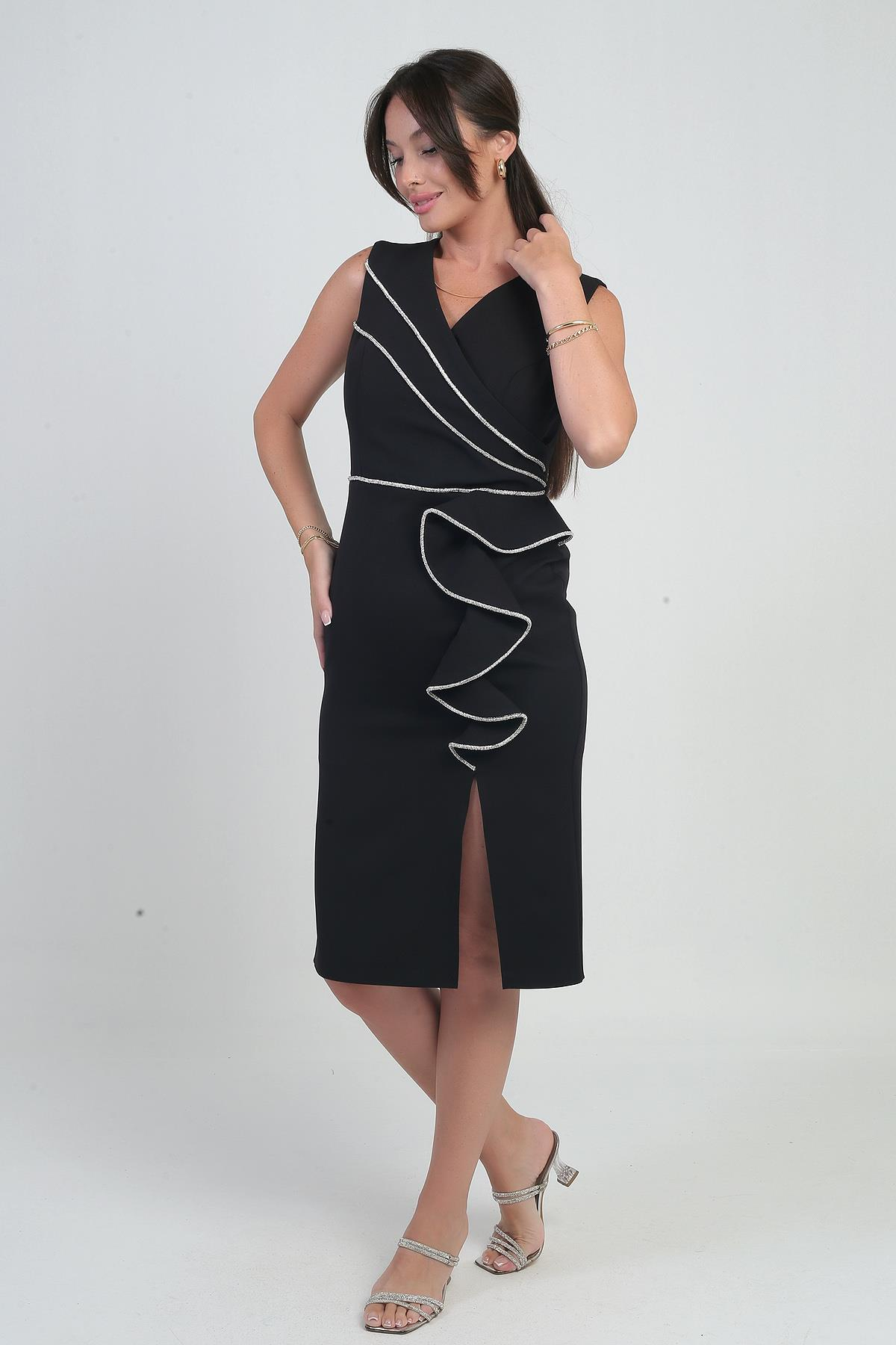 S-25Y2580032Kadın Kruvaze Yaka Yırtmaç Ve Volan Detaylı Parlak Şeritli Astarlı Krep Kısa Elbise