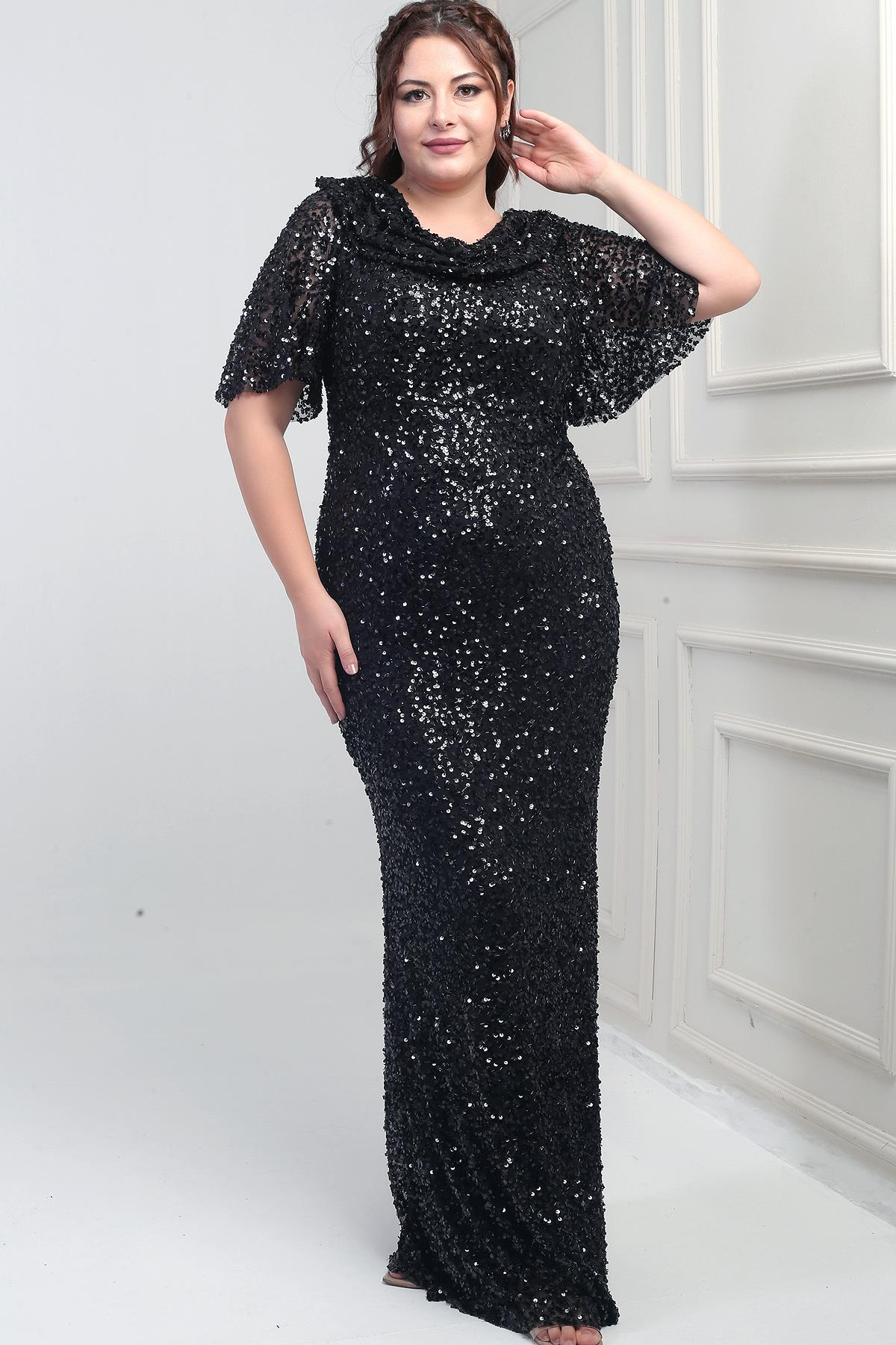 S-25Y2580036Kadın Degaje Yaka Kısa Kollu Astarlı Pullu Büyük Beden Likralı Elbise