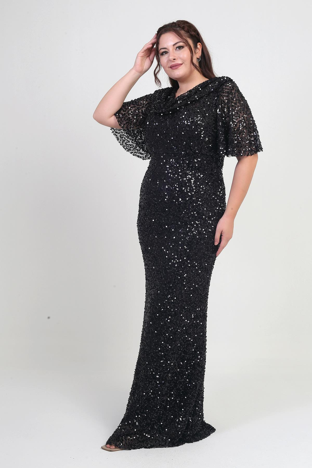 S-25Y2580036Kadın Degaje Yaka Kısa Kollu Astarlı Pullu Büyük Beden Likralı Elbise