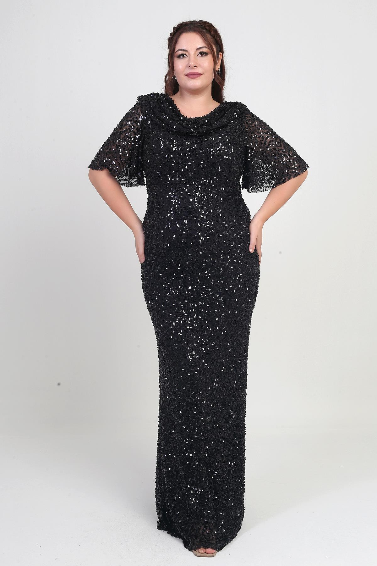 S-25Y2580036Kadın Degaje Yaka Kısa Kollu Astarlı Pullu Büyük Beden Likralı Elbise