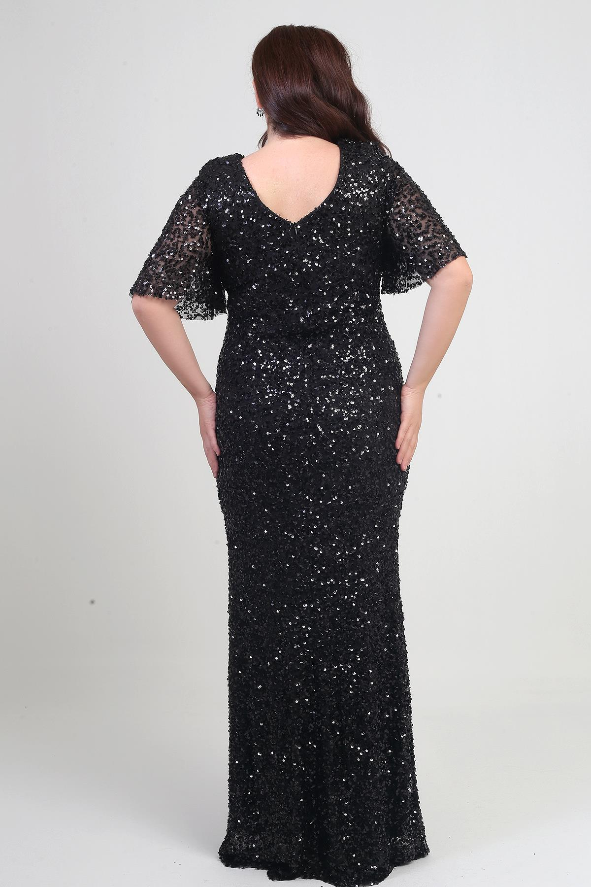 S-25Y2580036Kadın Degaje Yaka Kısa Kollu Astarlı Pullu Büyük Beden Likralı Elbise