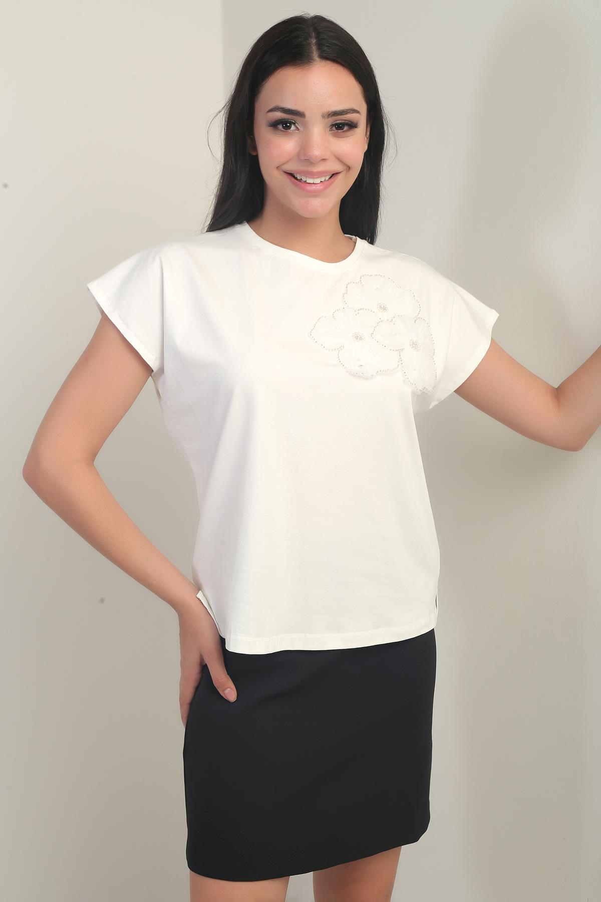 S-25Y2800002Kadın Gül Detaylı Likralı Bluz