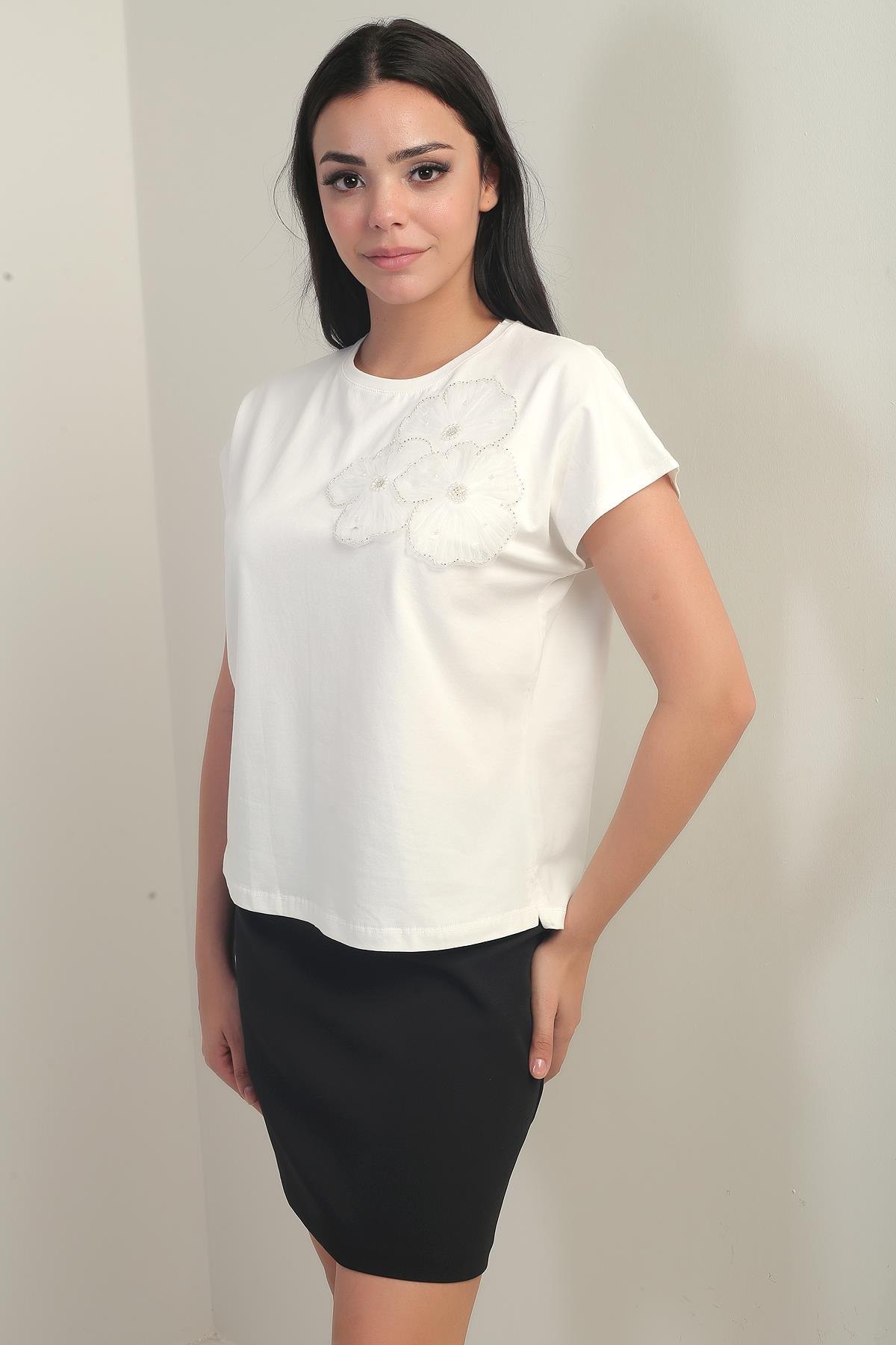 S-25Y2800002Kadın Gül Detaylı Likralı Bluz