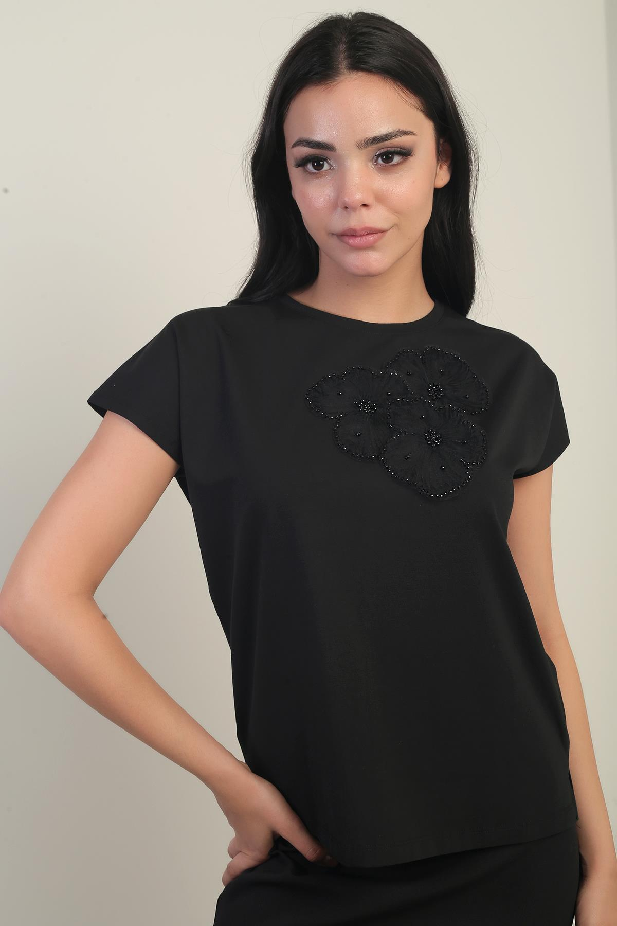 S-25Y2800002Kadın Gül Detaylı Likralı Bluz