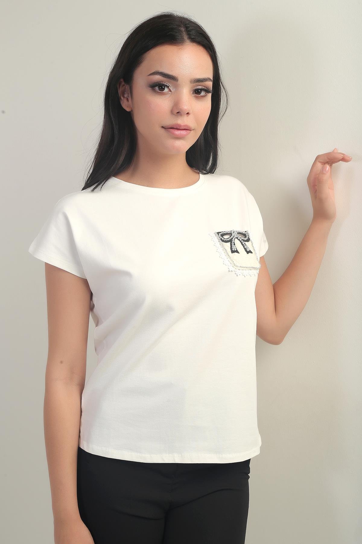 S-25Y2800005Kadın Yuvarlak Yaka Kısa Kollu Cep Detaylı Likralı Bluz