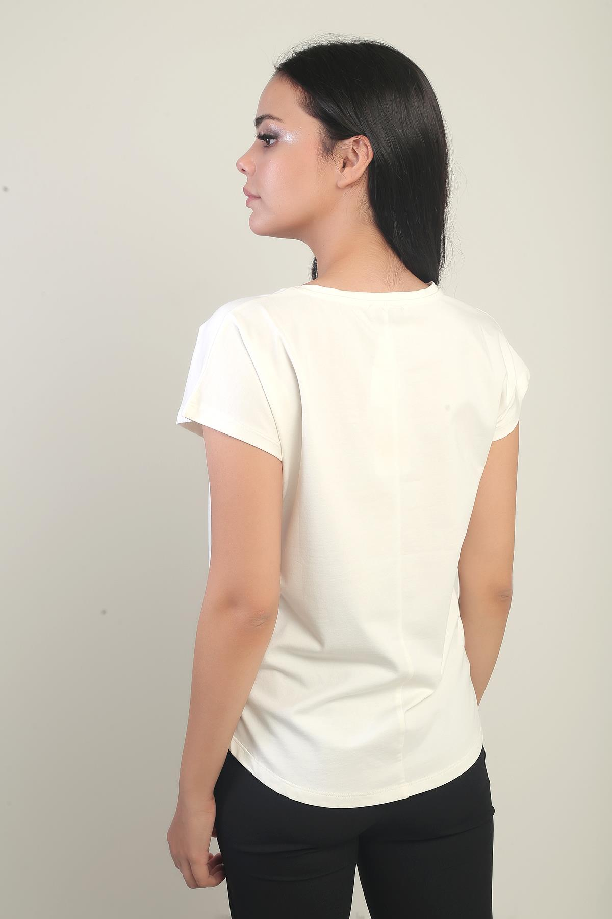 S-25Y2800005Kadın Yuvarlak Yaka Kısa Kollu Cep Detaylı Likralı Bluz