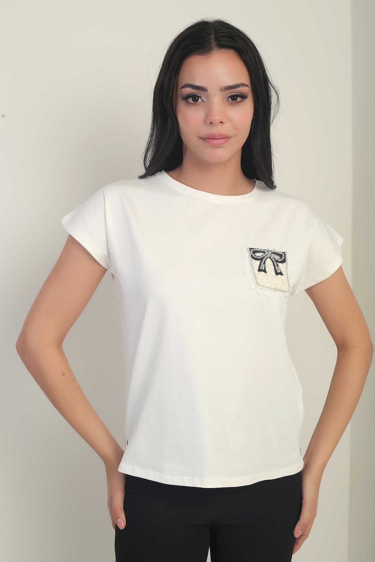 S-25Y2800005Kadın Yuvarlak Yaka Kısa Kollu Cep Detaylı Likralı Bluz