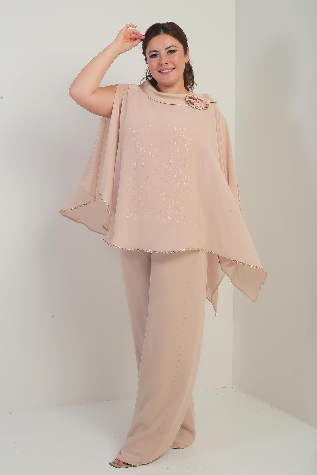 S-25Y3070004Kadın Yakası Saten Pelerin İçi Pulpayet Kolsuz Bluz Palazzo Pantolon Astarlı Büyük Beden Şifon 3'lü Takım