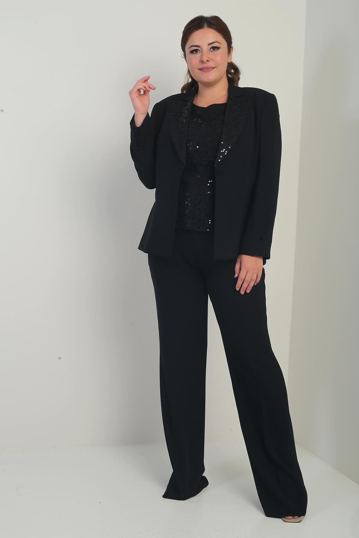 S-25Y3070005Kadın Beşgen Yaka Kolsuz Dantel Bluz Tek Düğmeli Ceket Palazzo Pantolon Astarlı Pul Detaylı Büyük Beden 3'lü Takım