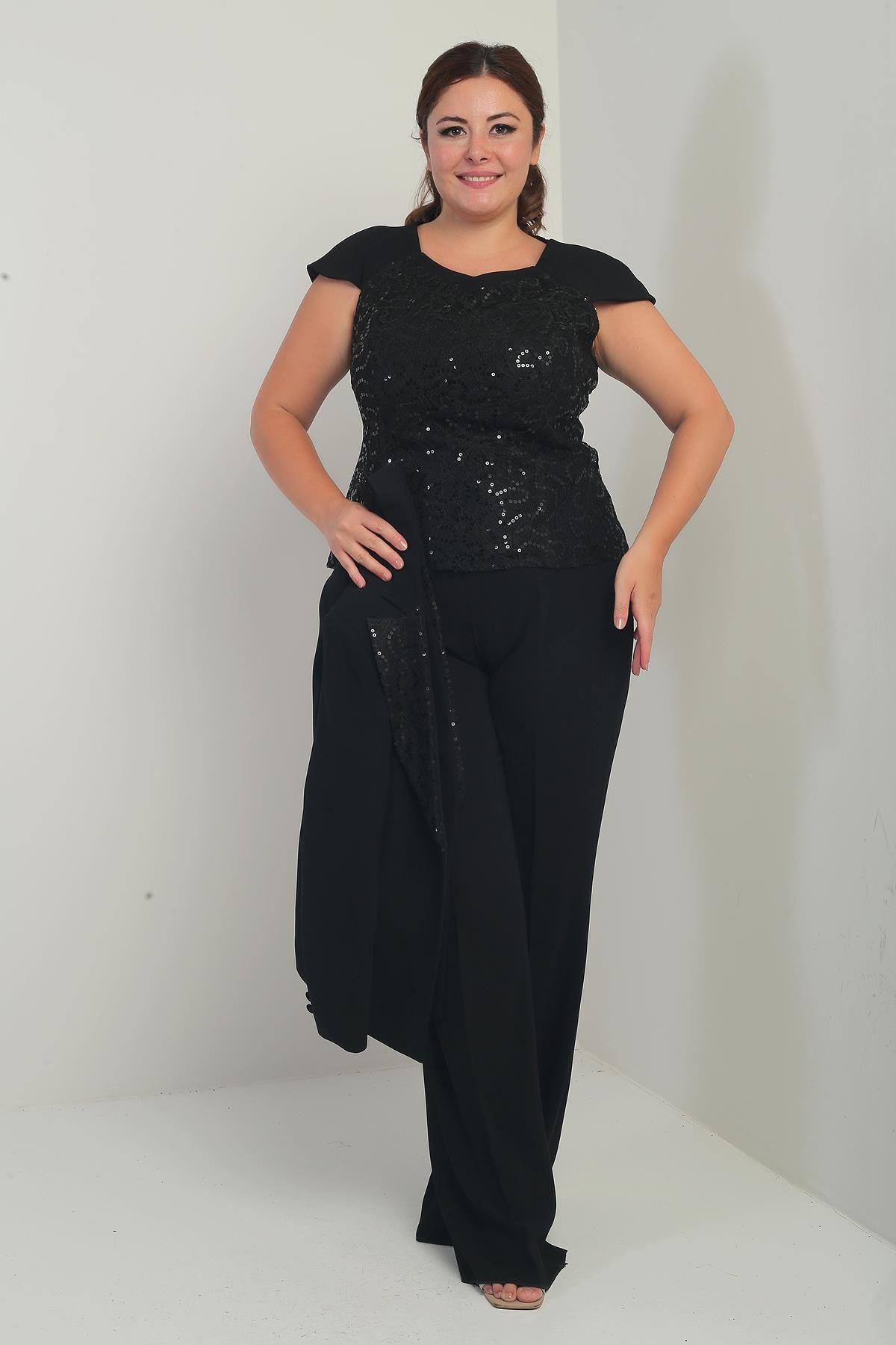 S-25Y3070005Kadın Beşgen Yaka Kolsuz Dantel Bluz Tek Düğmeli Ceket Palazzo Pantolon Astarlı Pul Detaylı Büyük Beden 3'lü Takım