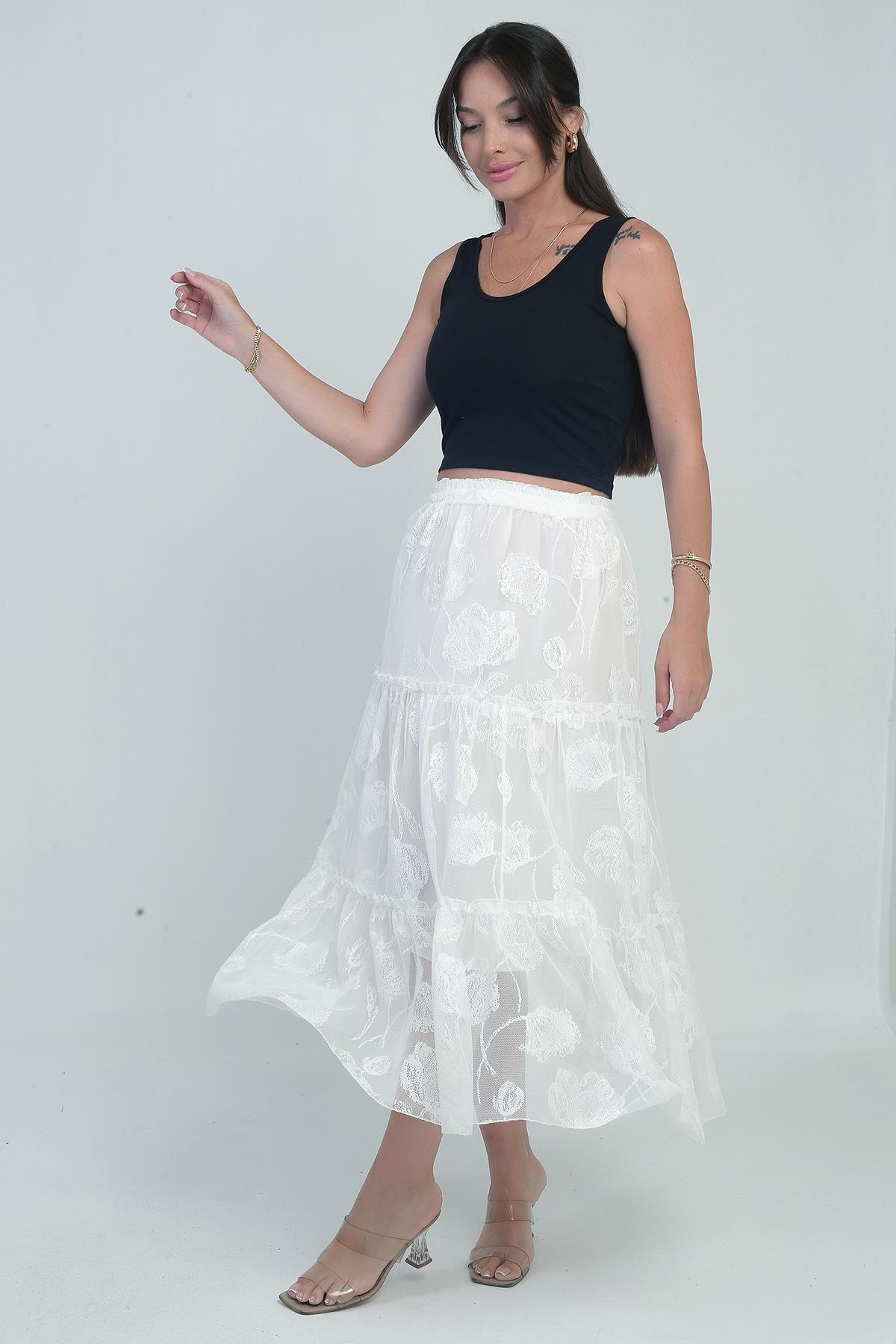 S-25Y3080006Kadın Beli Lastikli Astarlı Çiçekli Tül Etek