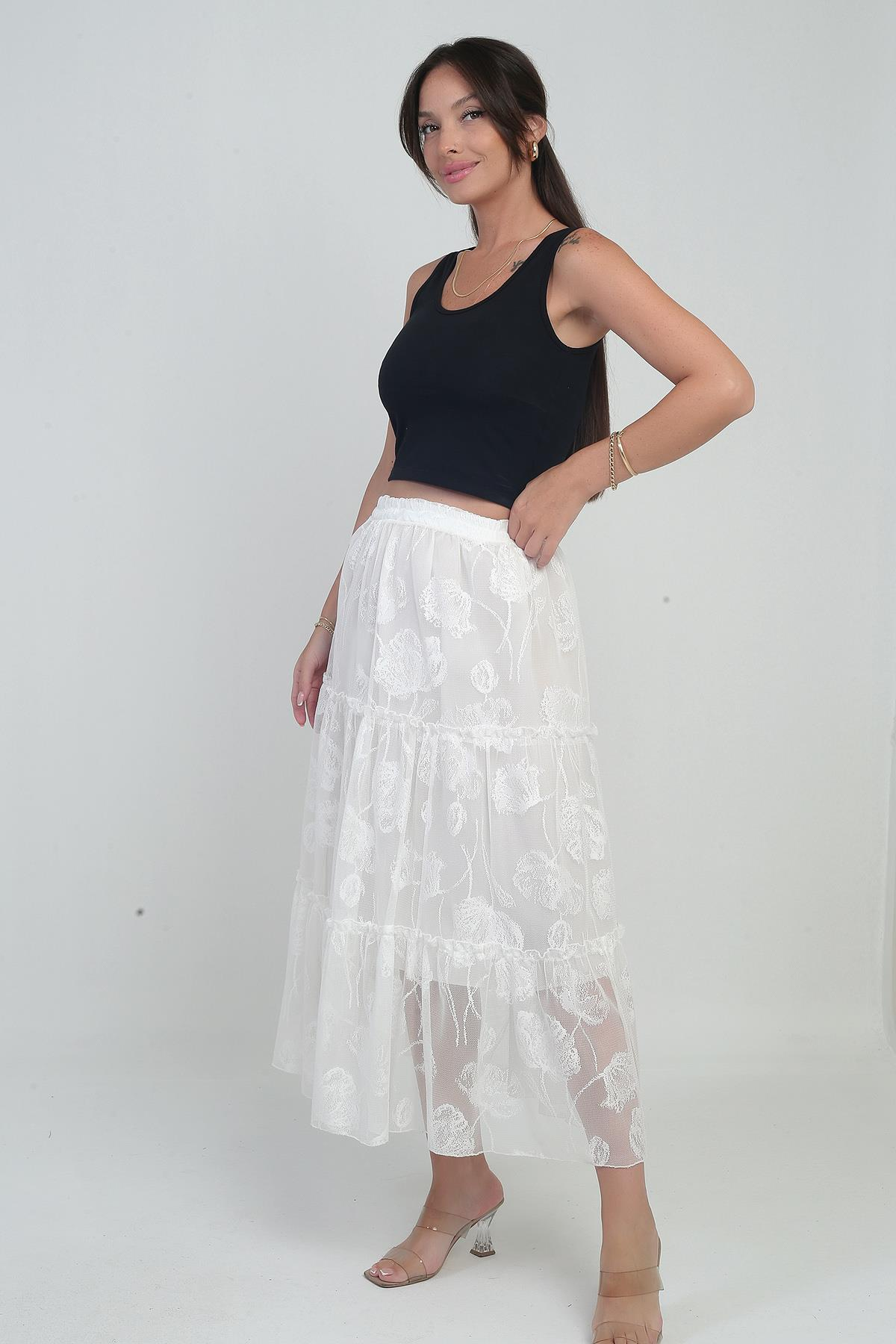 S-25Y3080006Kadın Beli Lastikli Astarlı Çiçekli Tül Etek