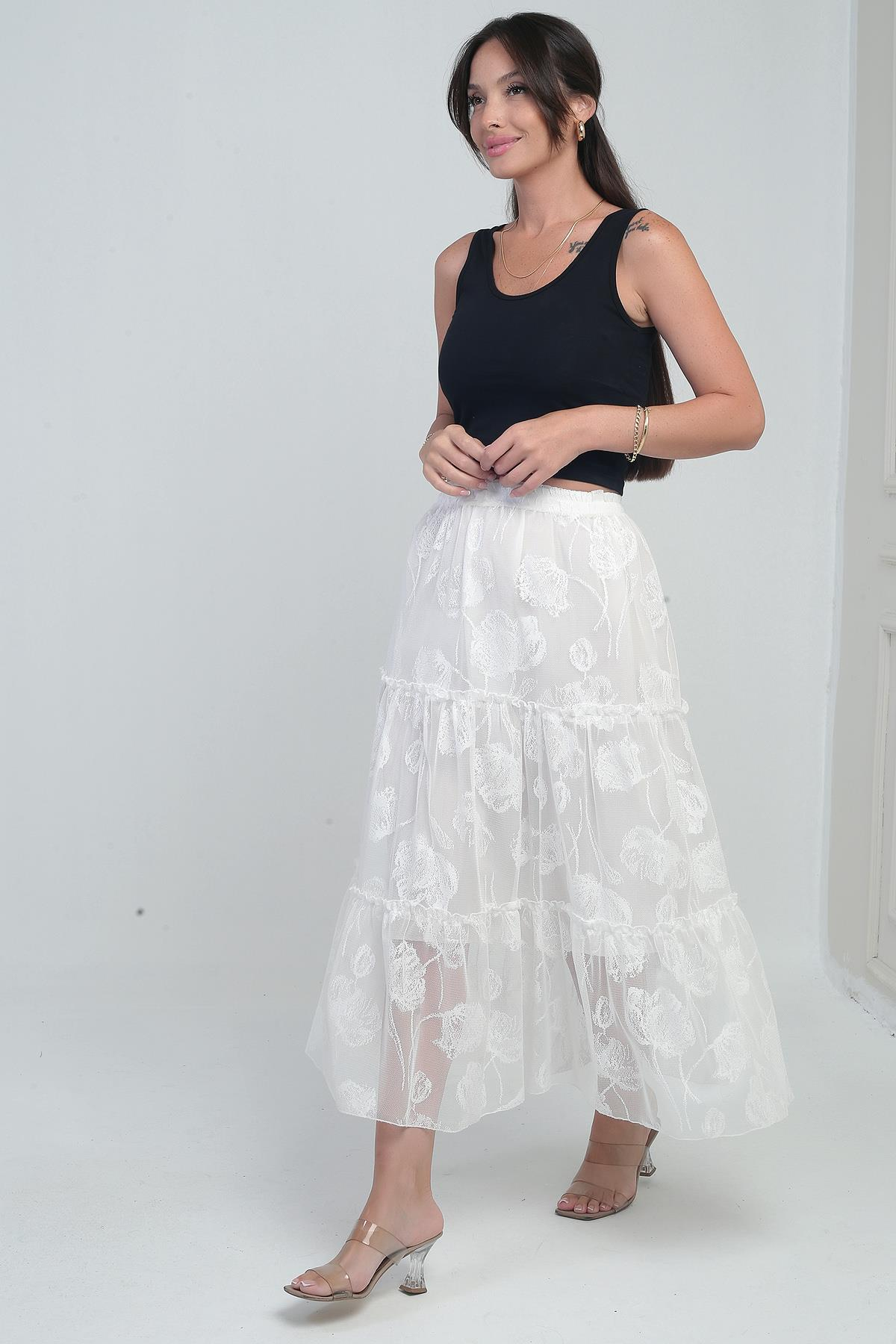 S-25Y3080006Kadın Beli Lastikli Astarlı Çiçekli Tül Etek