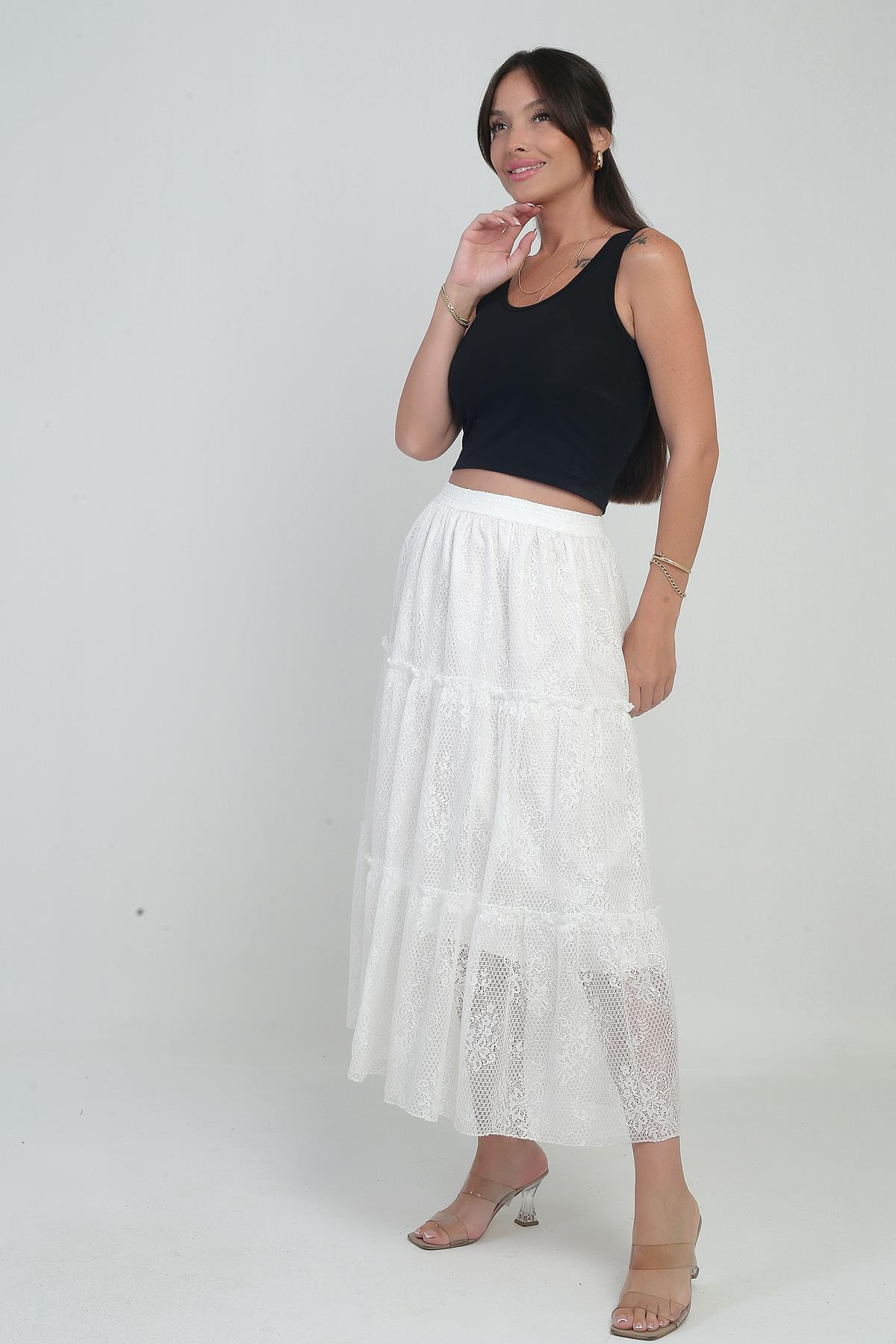 S-25Y3080008Kadın Beli Lastikli Astarlı Çiçekli Tül Etek