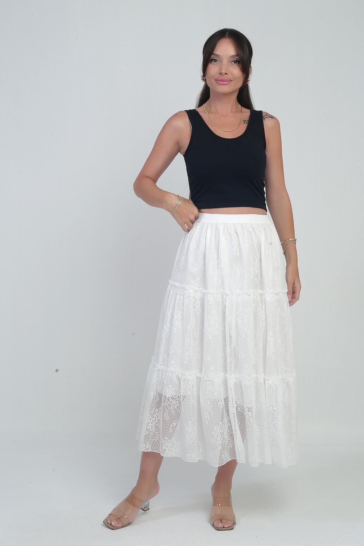 S-25Y3080008Kadın Beli Lastikli Astarlı Çiçekli Tül Etek