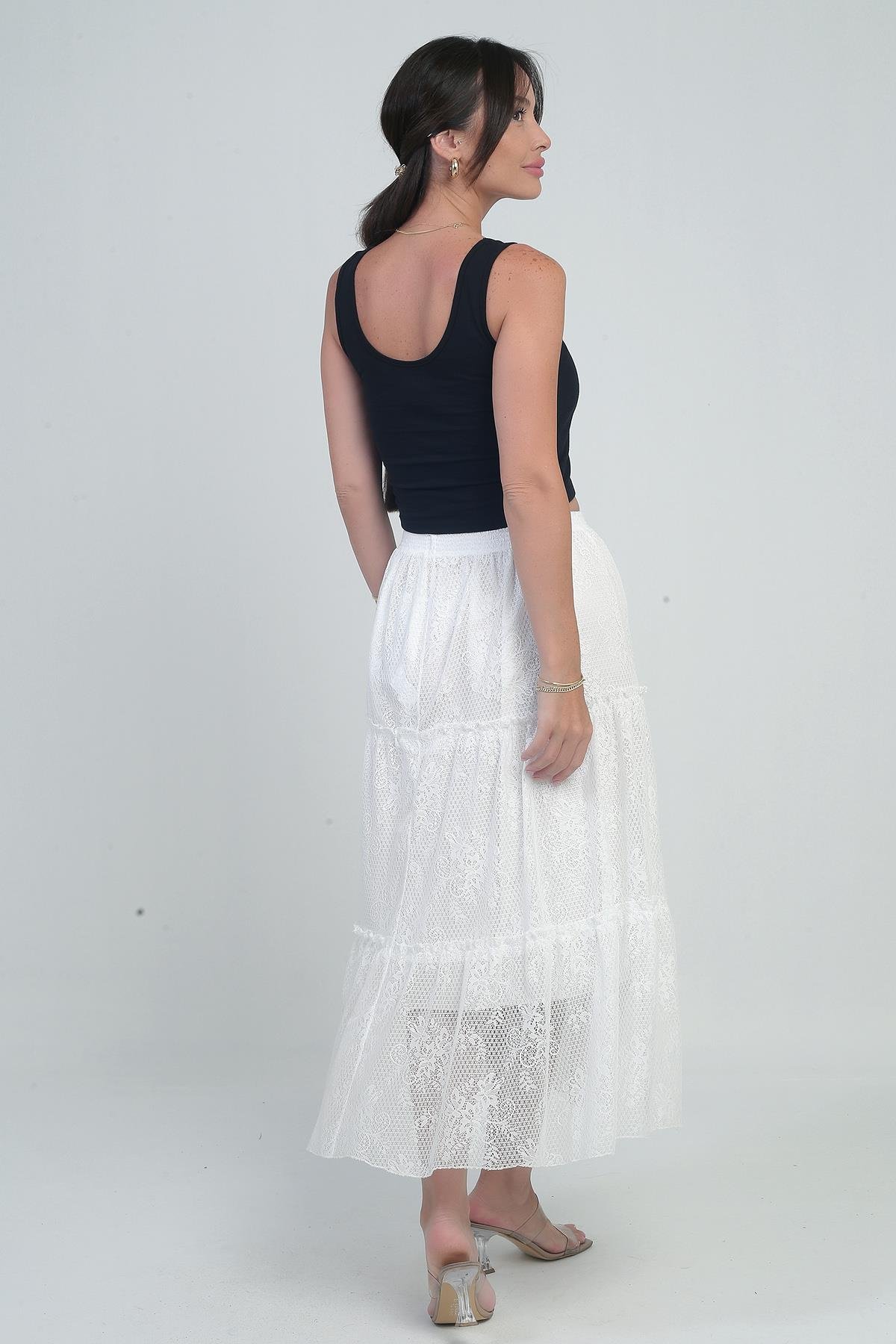 S-25Y3080008Kadın Beli Lastikli Astarlı Çiçekli Tül Etek