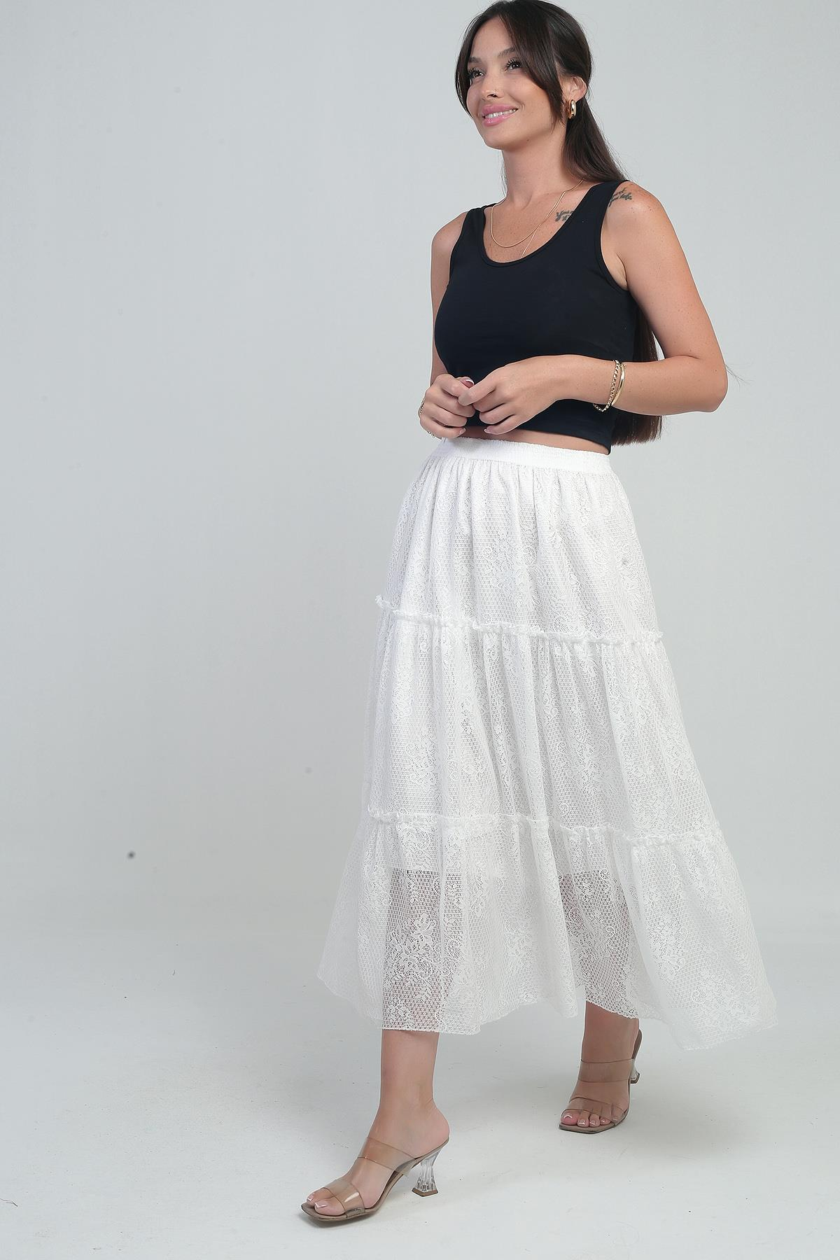 S-25Y3080008Kadın Beli Lastikli Astarlı Çiçekli Tül Etek