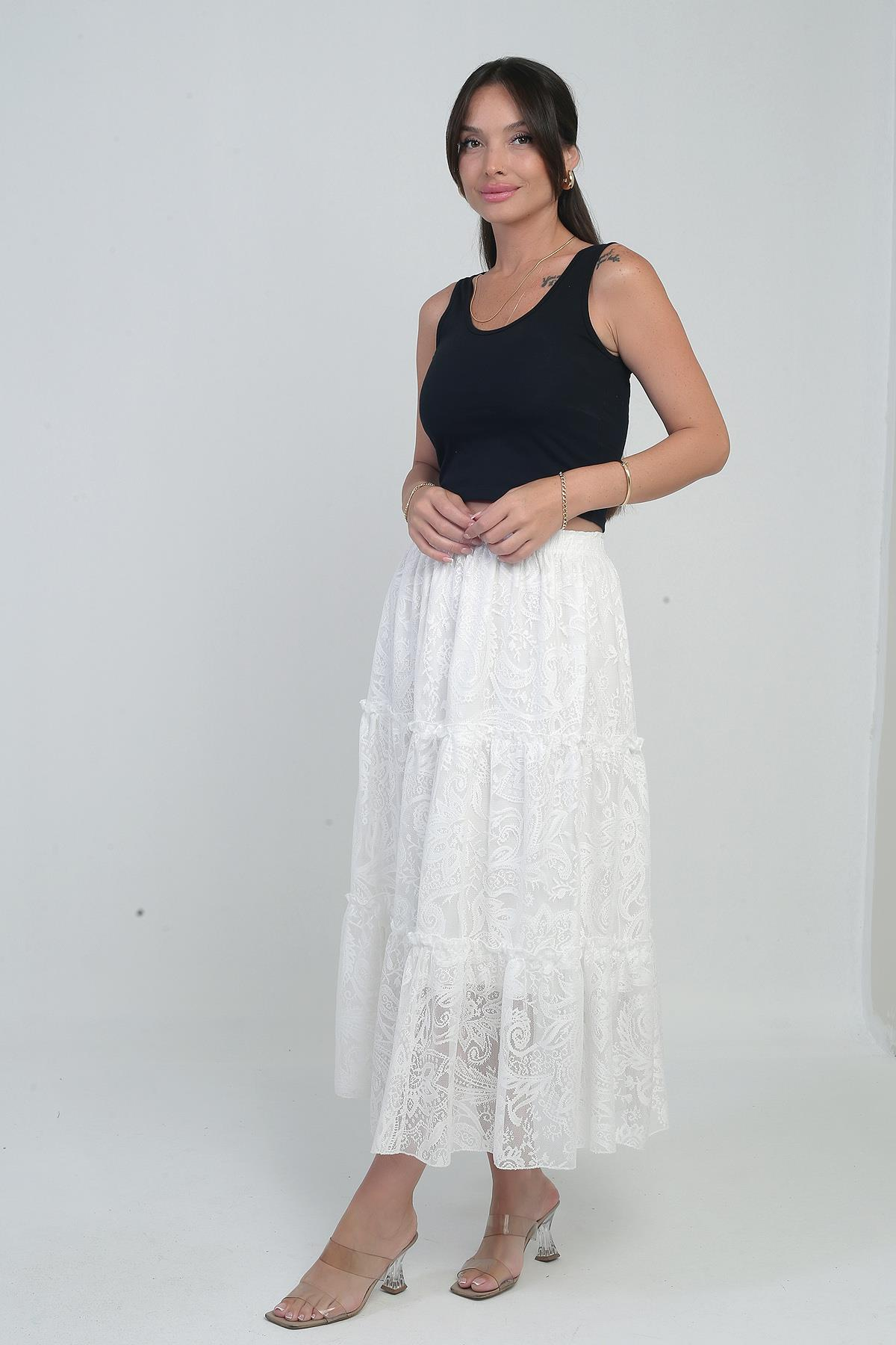 S-25Y3080009Kadın Beli Lastikli Astarlı Karışık Desenli Tül Etek