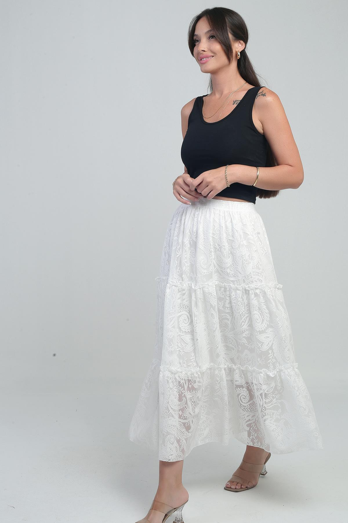 S-25Y3080009Kadın Beli Lastikli Astarlı Karışık Desenli Tül Etek