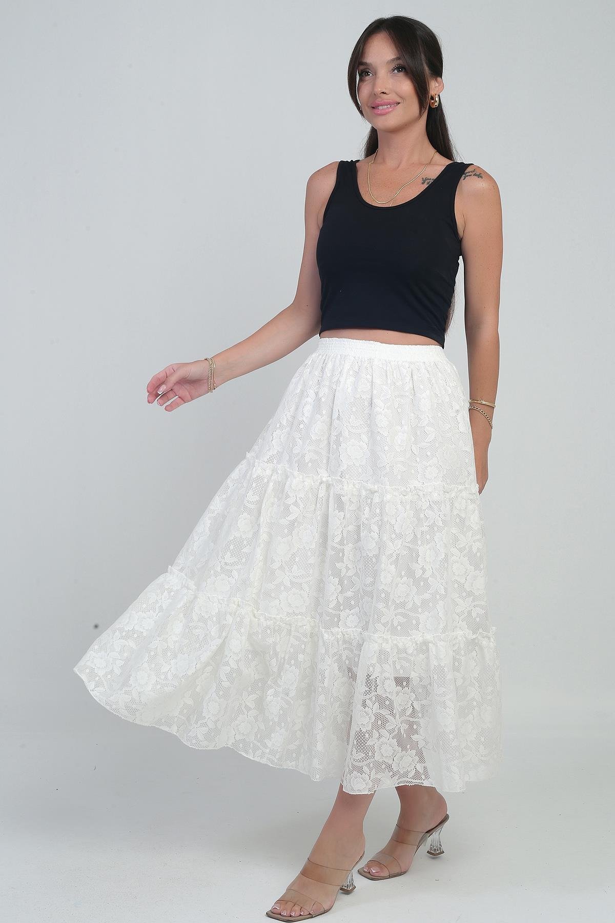 S-25Y3080010Kadın Beli Lastikli Astarlı Gül Desenli Tül Etek