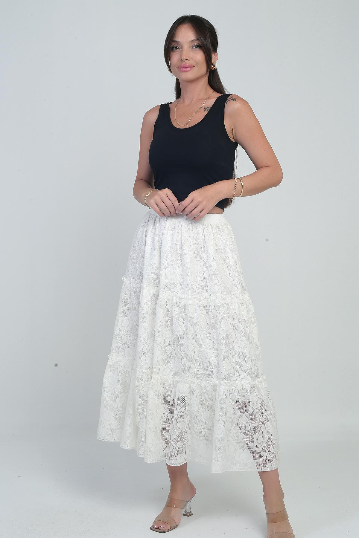 S-25Y3080010Kadın Beli Lastikli Astarlı Gül Desenli Tül Etek