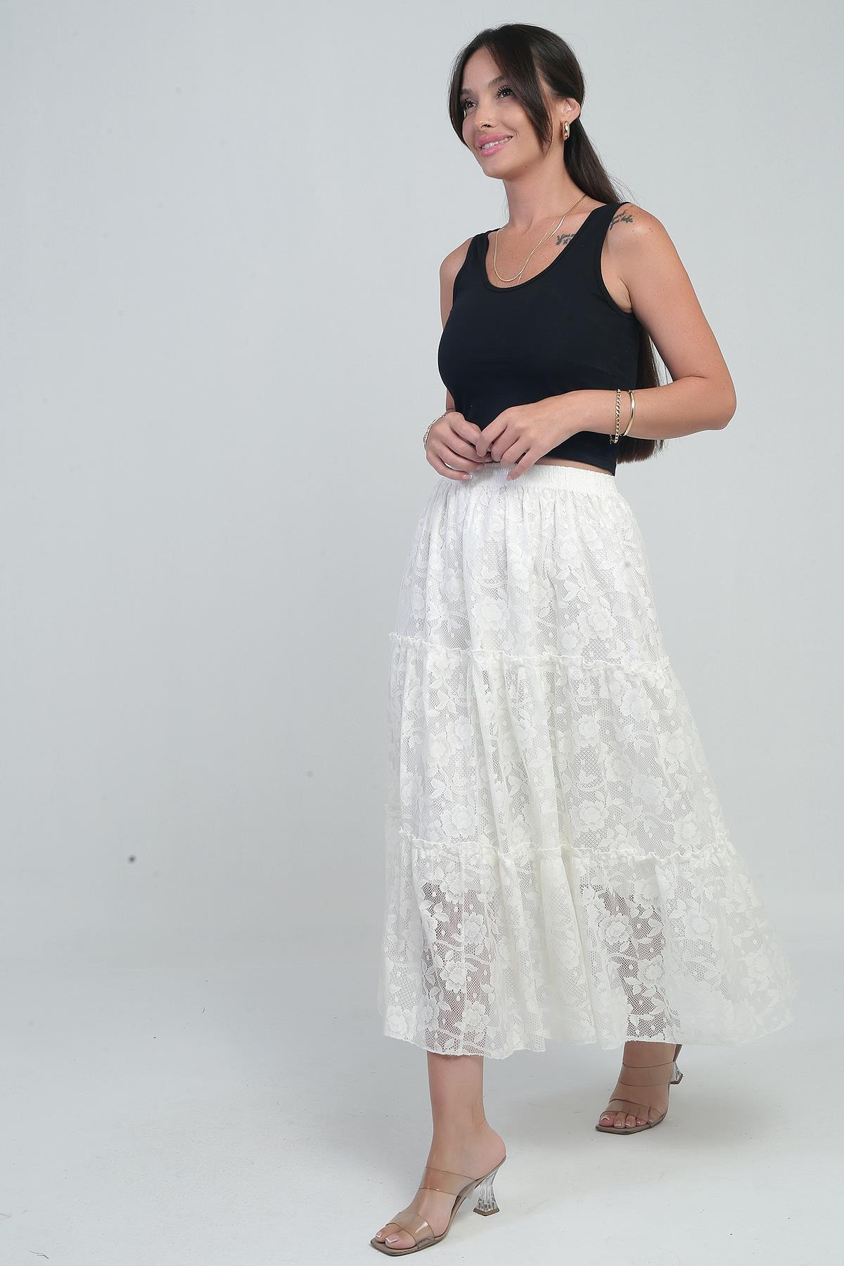 S-25Y3080010Kadın Beli Lastikli Astarlı Gül Desenli Tül Etek