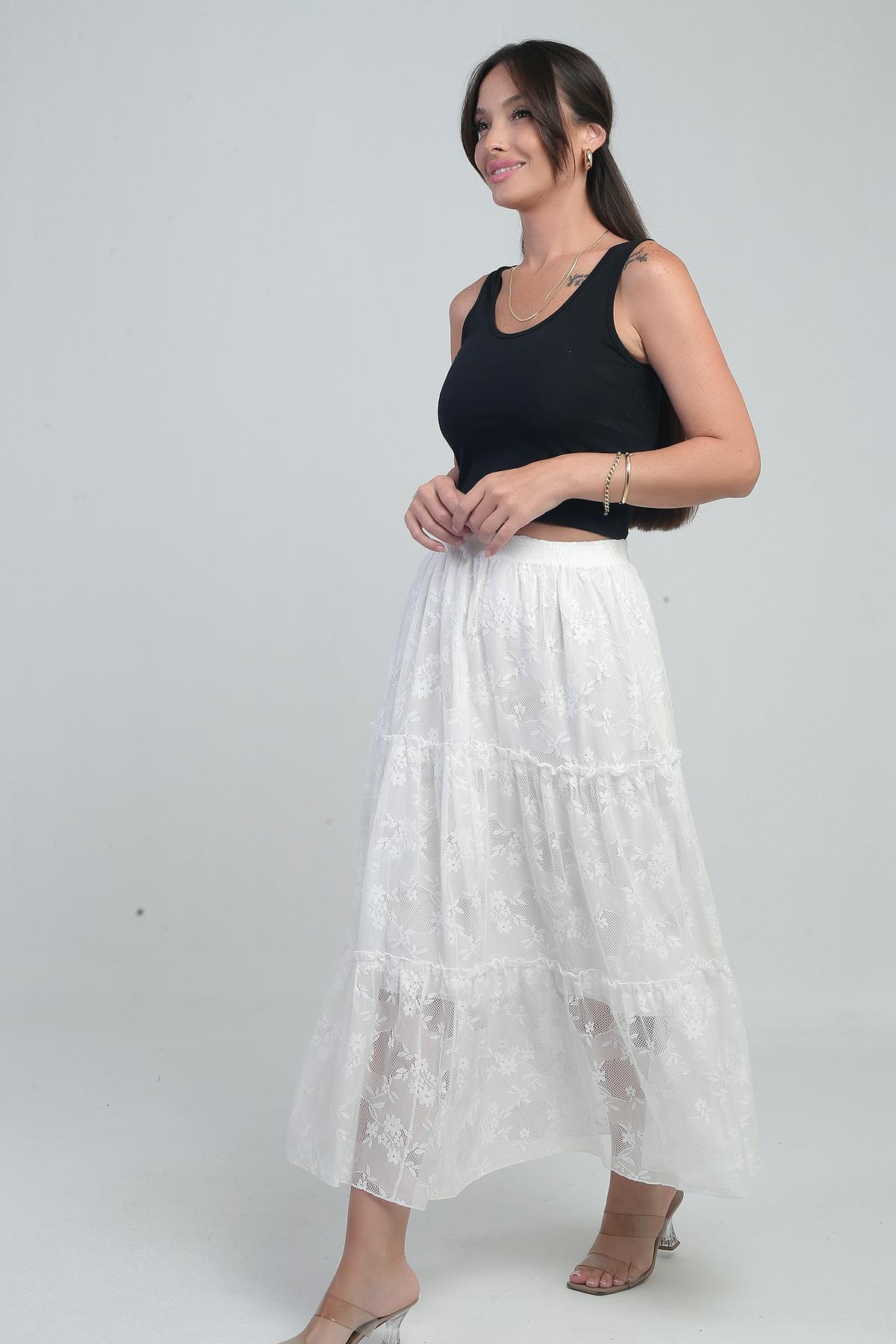 S-25Y3080011Kadın Beli Lastikli Astarlı Mini Çiçekli Tül Etek