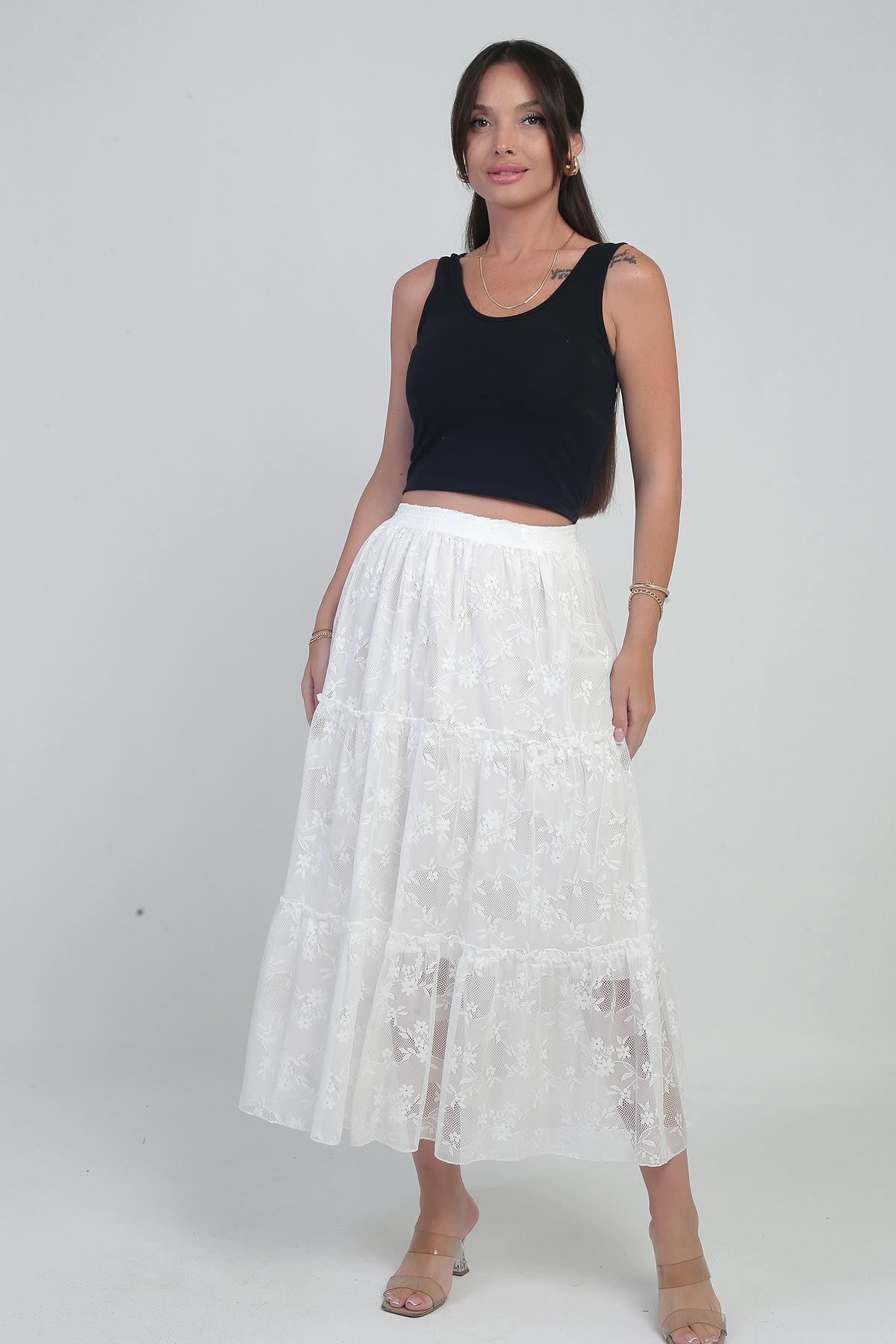 S-25Y3080011Kadın Beli Lastikli Astarlı Mini Çiçekli Tül Etek