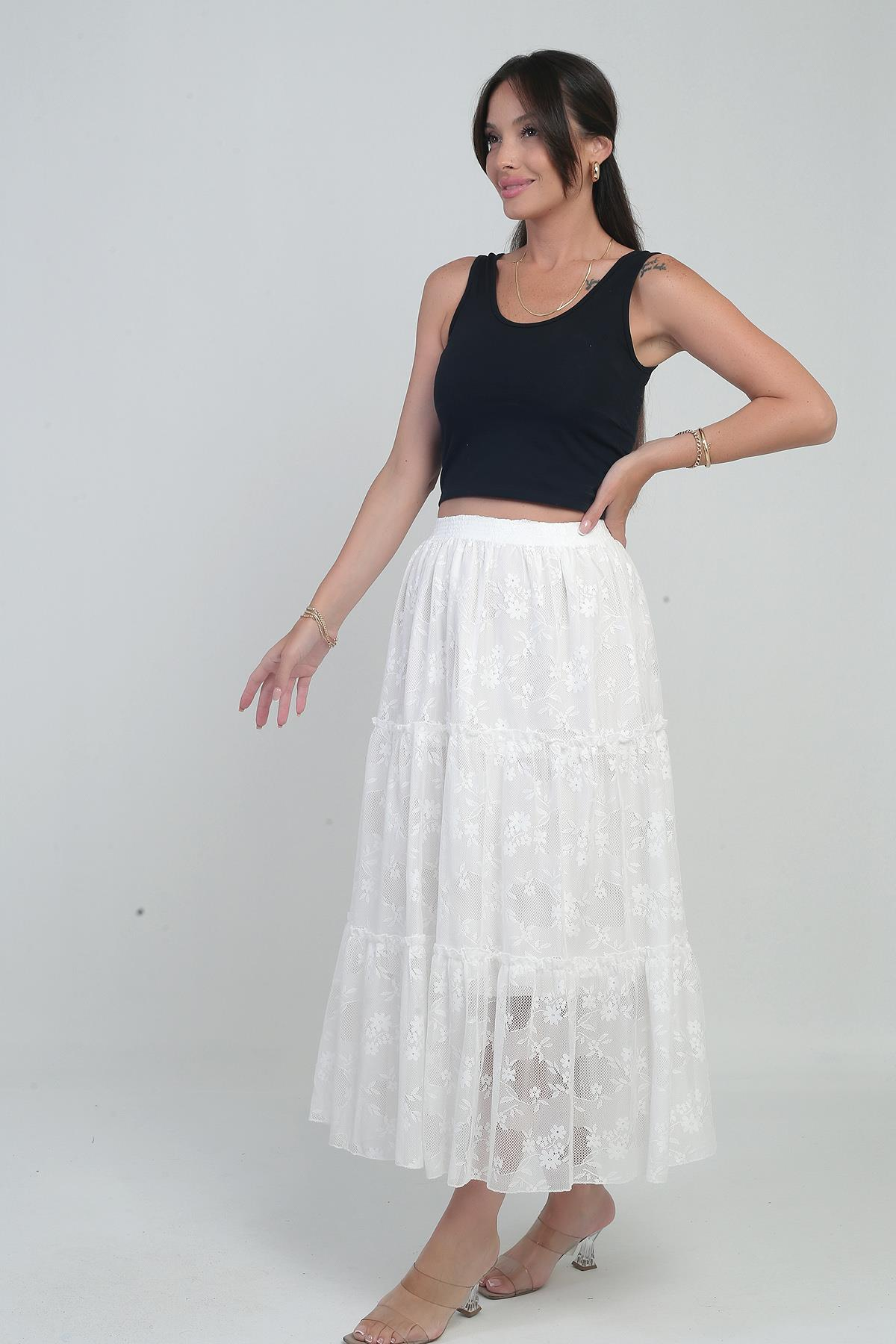 S-25Y3080011Kadın Beli Lastikli Astarlı Mini Çiçekli Tül Etek